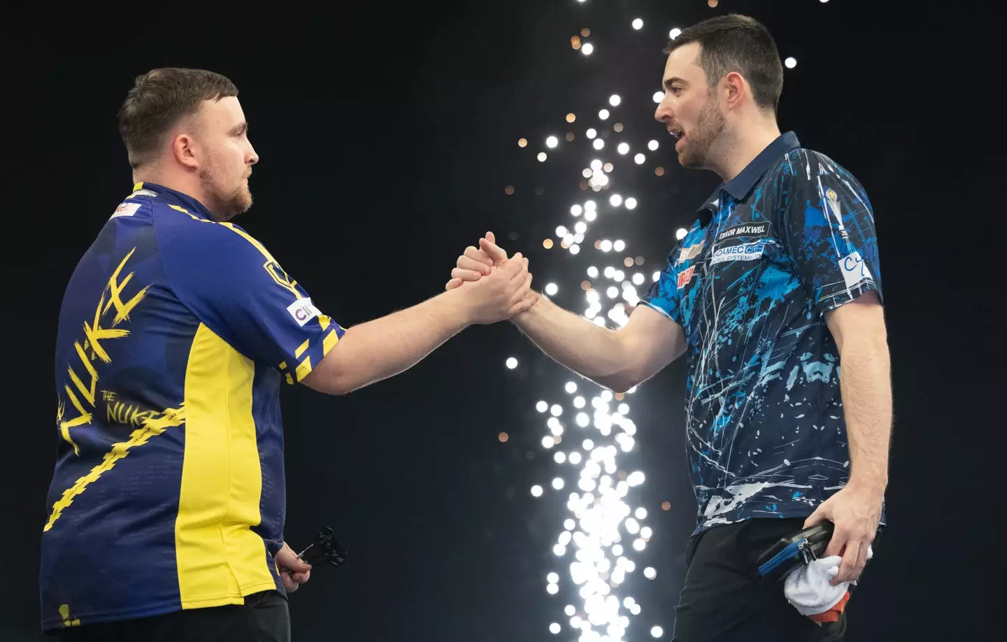 Luke Littler and Luke Humphries during a Premier League Darts fixture. Image: Getty