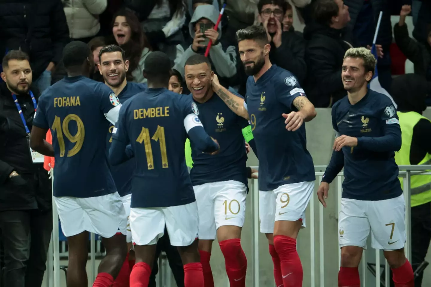 Kylian Mbappe, Olivier Giroud and Antoine Griezmann celebrate a goal for France (