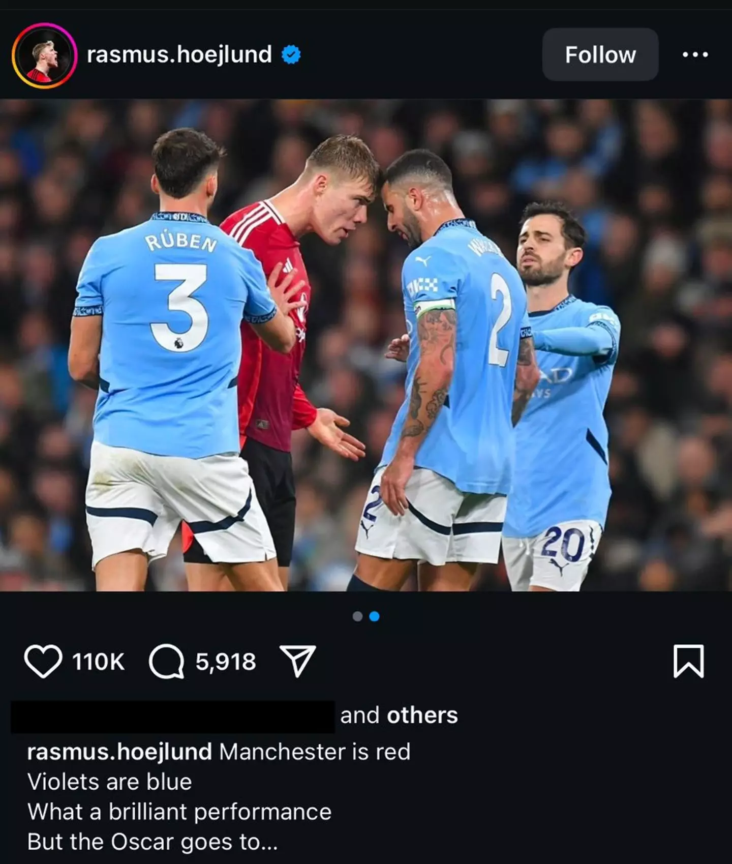 Rasmus Hojlund poked fun at Kyle Walker with a poem on social media. Image: Getty