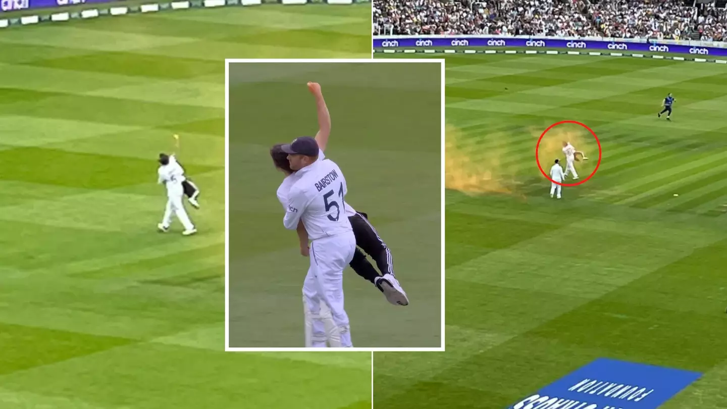 Jonny Bairstow CARRIES off 'Just Stop Oil' protester during Ashes test match