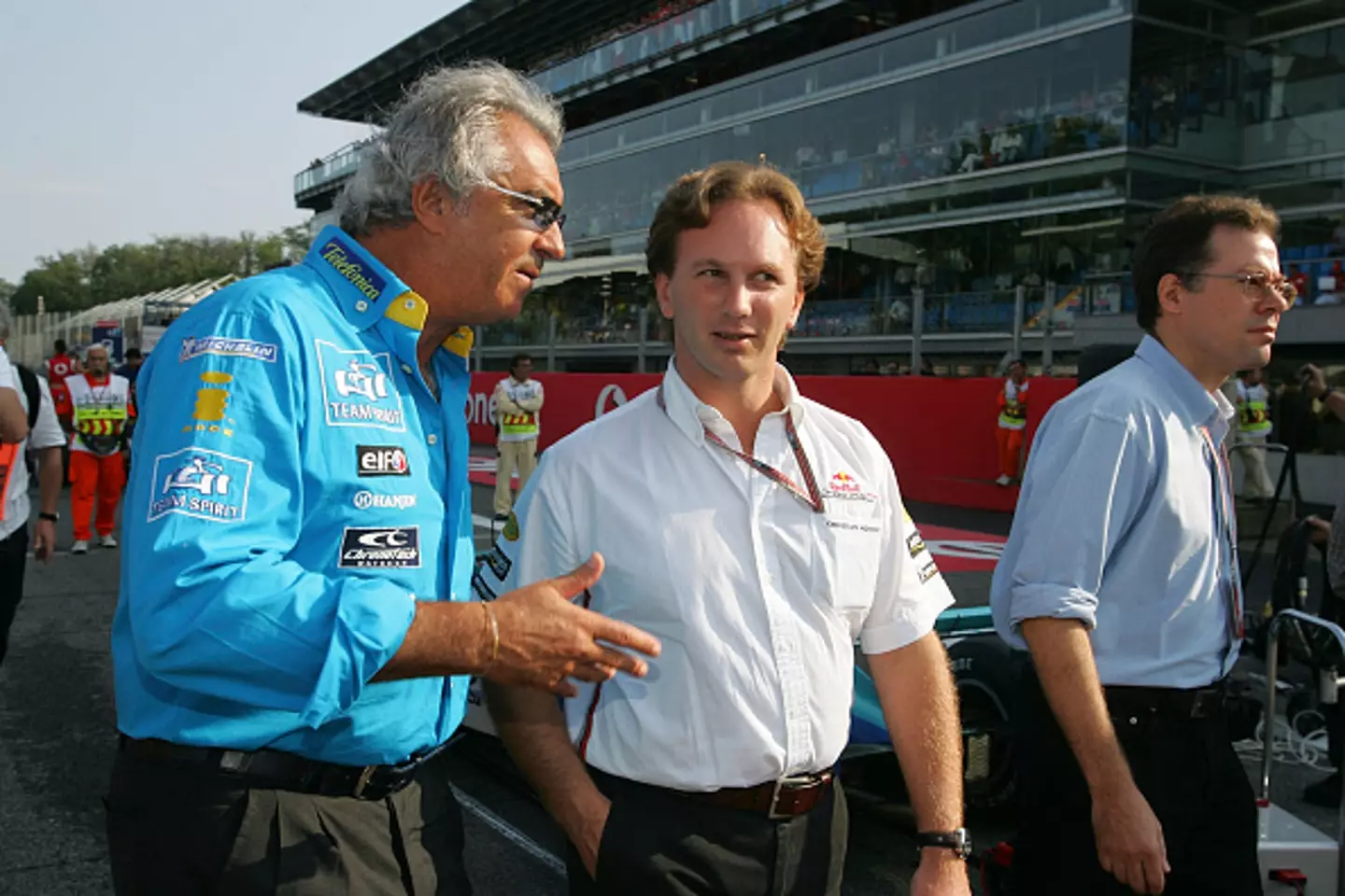Flavio Briatore (as team principal of Renault) and Christian Horner pictured in 2005 (Image: Getty)