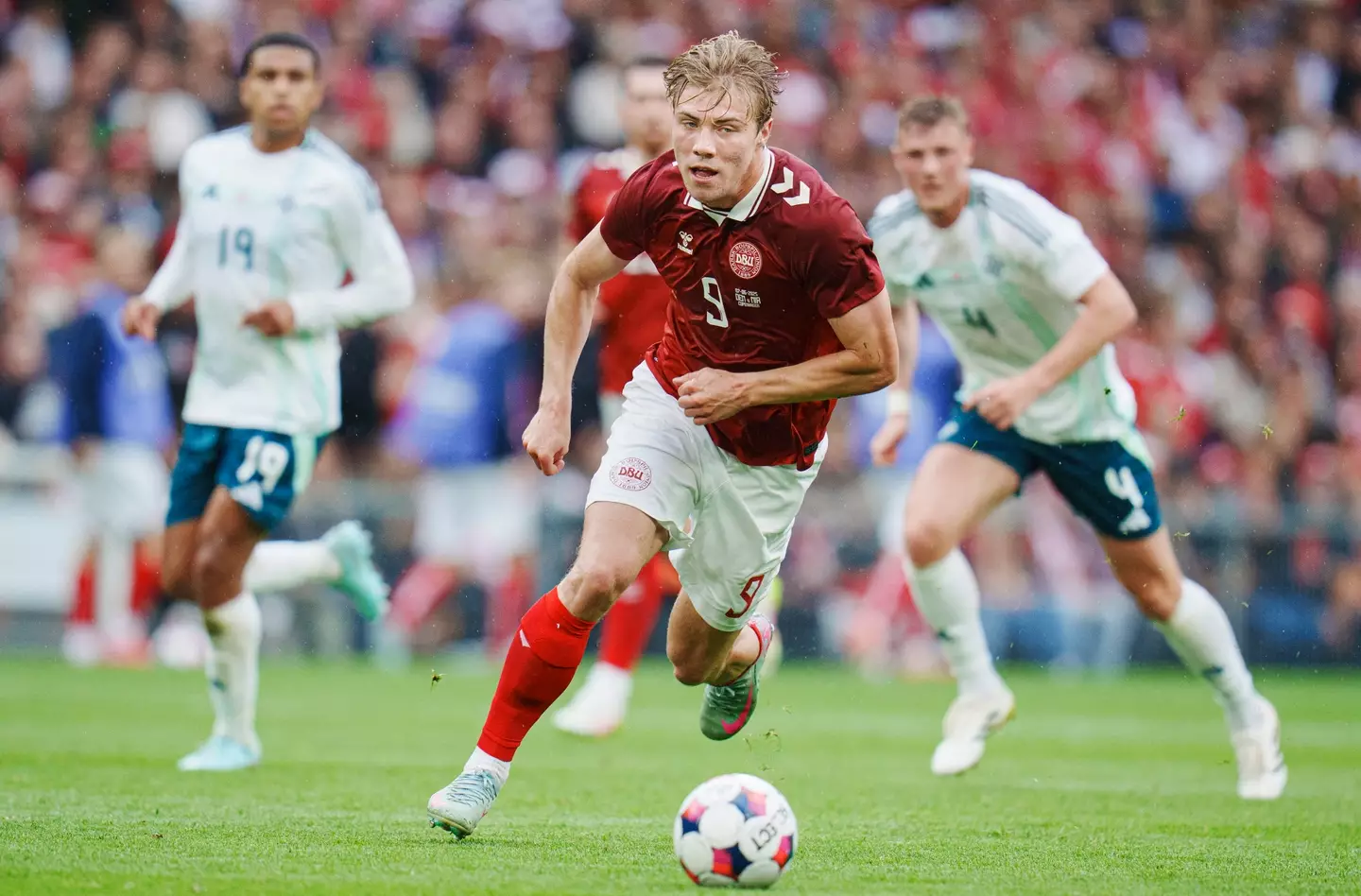 Rasmus Hojlund in action for Denmark. Image: Getty