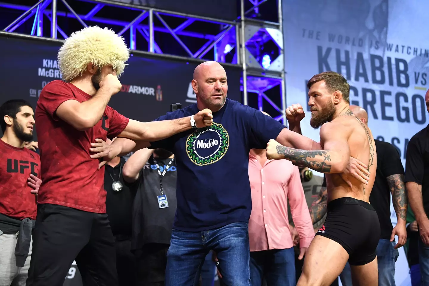 Khabib Nurmagomedov and Conor McGregor face-off at the official weigh-in. Image: Getty