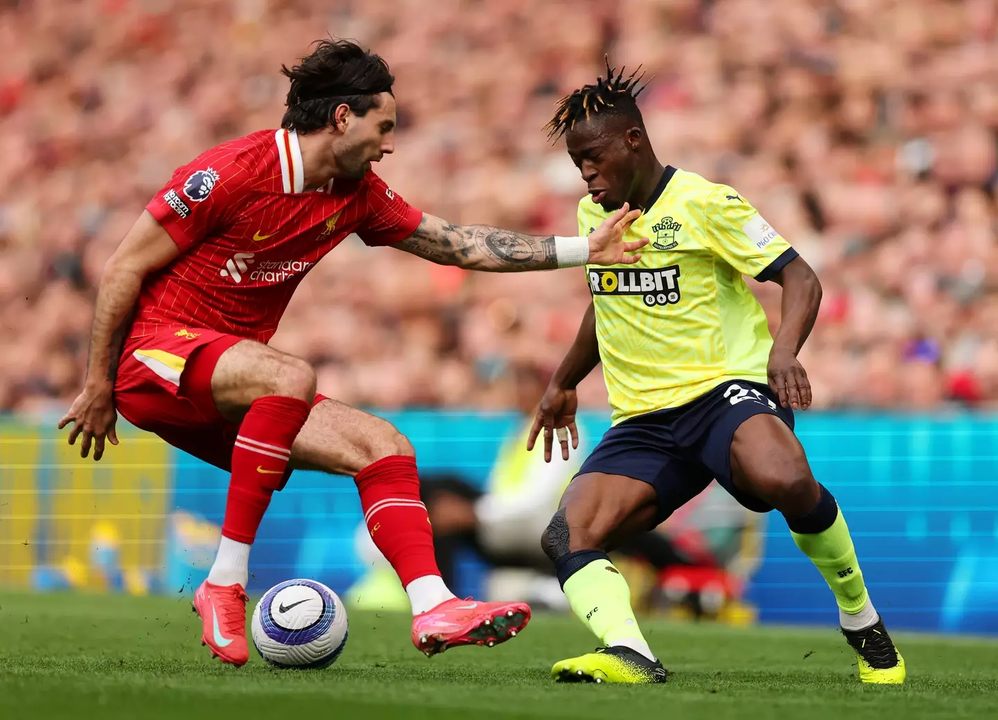 Dominik Szoboszlai was taken off at half-time. Image: Getty
