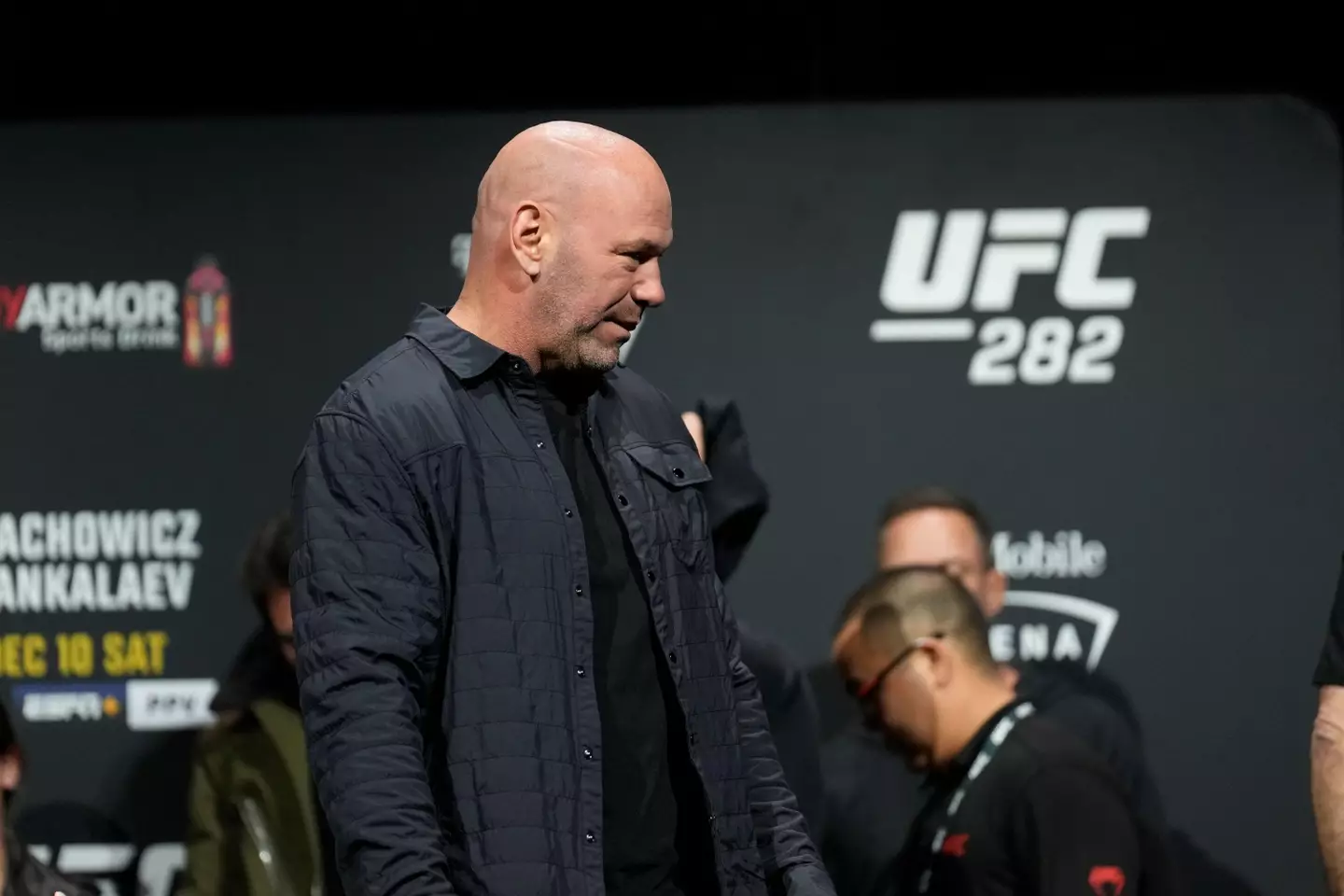 Dana White on stage for the UFC 282 pre-fight press conference. Image: Alamy