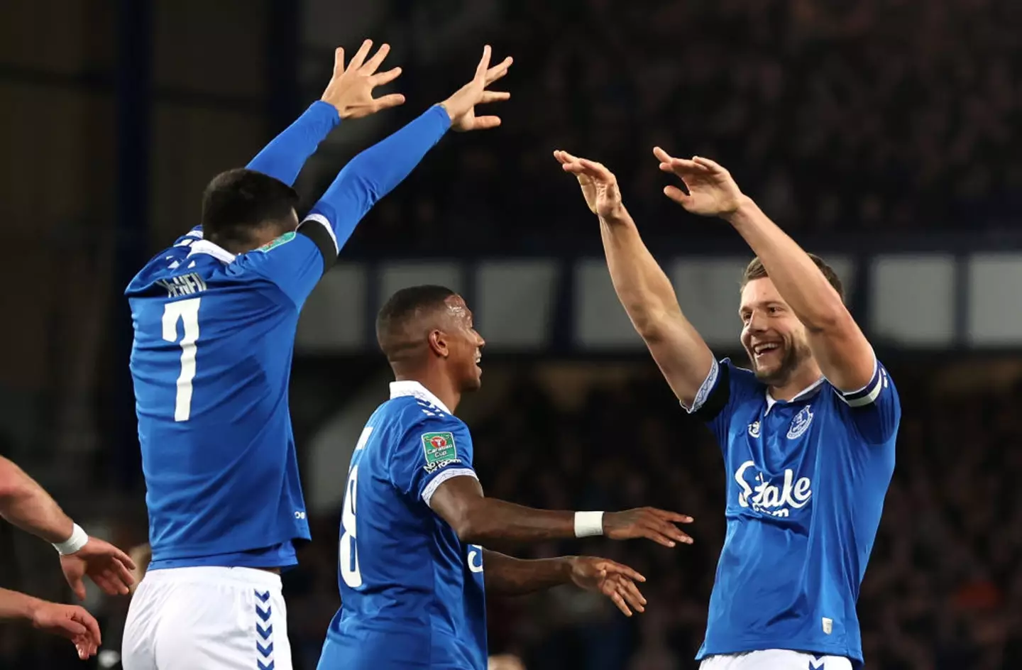 James Tarkowski (right) celebrates after scoring for Everton (