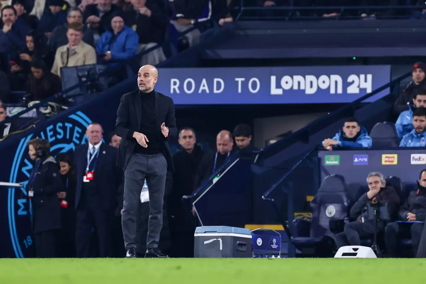 Pep Guardiola on the touchline for Manchester City's Champions League clash against Copenhagen. Image: Getty