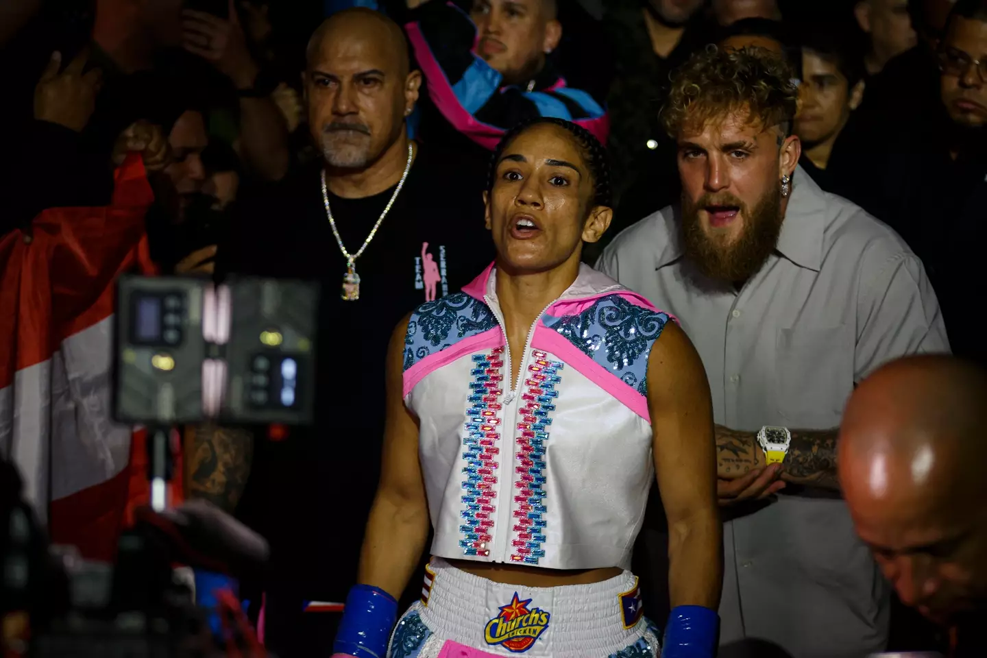 Jake Paul walks out Amanda Serrano for her fight against Reina Tellez. Image: Getty