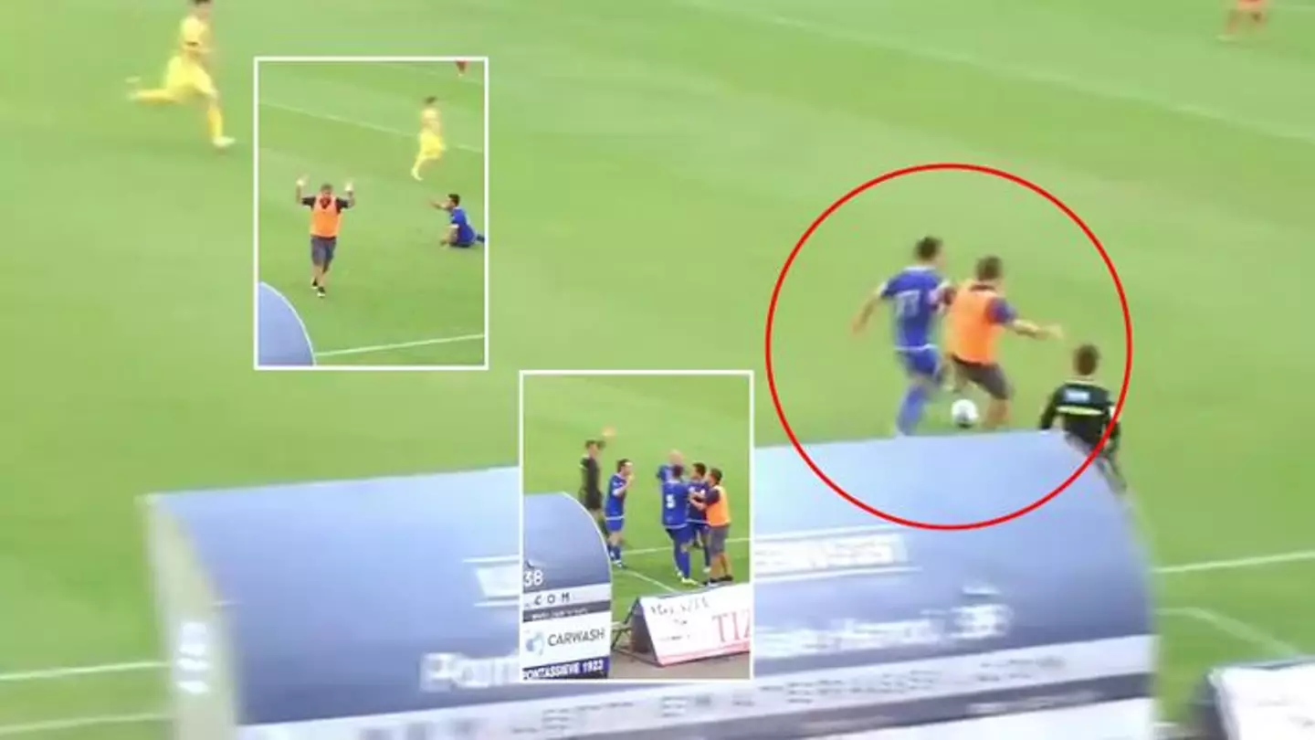 Shocking moment Italian coach is shown red card for running on to the pitch to stop attack with tackle