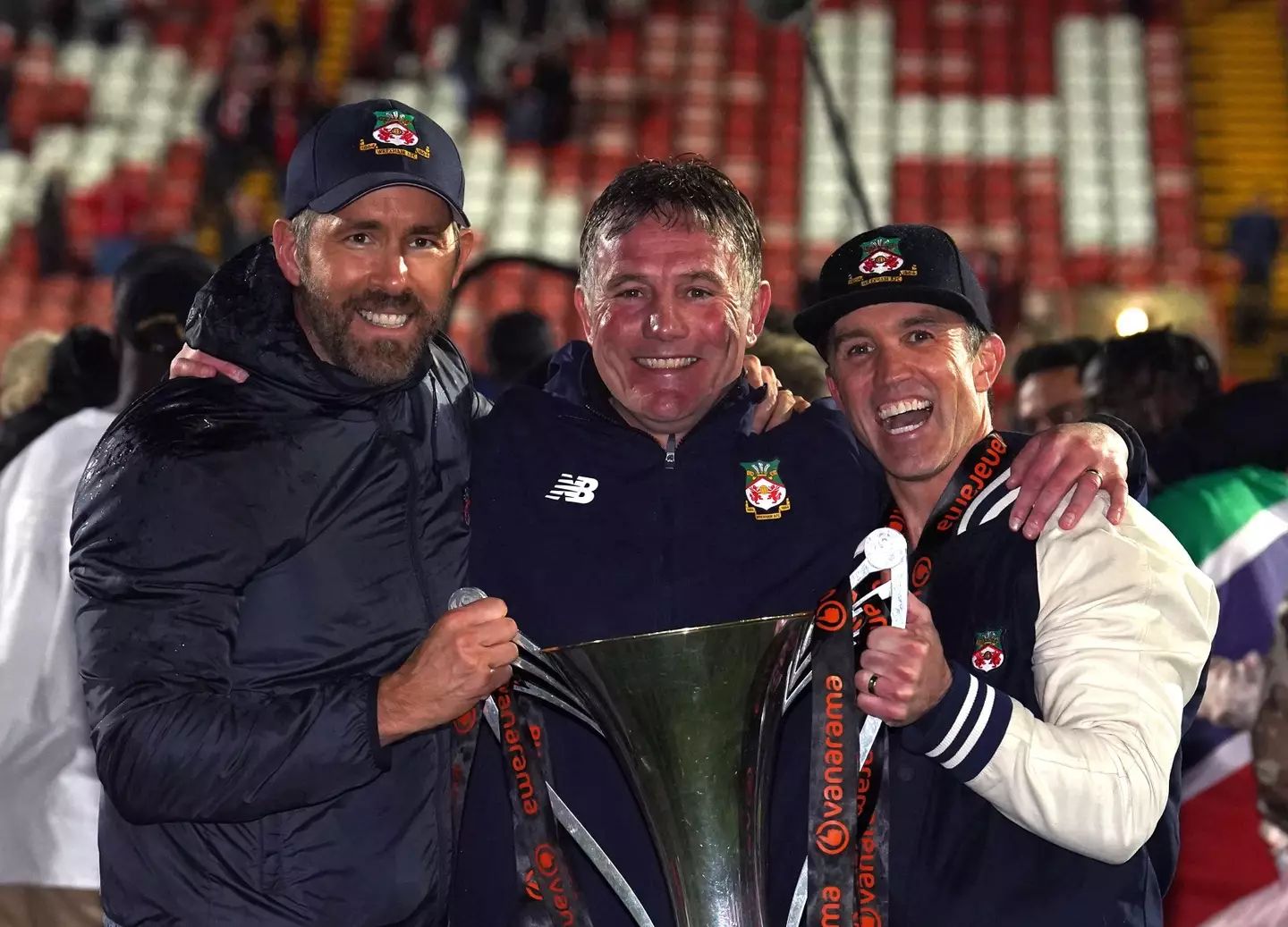 Reynolds, Parkinson and McElhenney celebrate their success. Image: Alamy