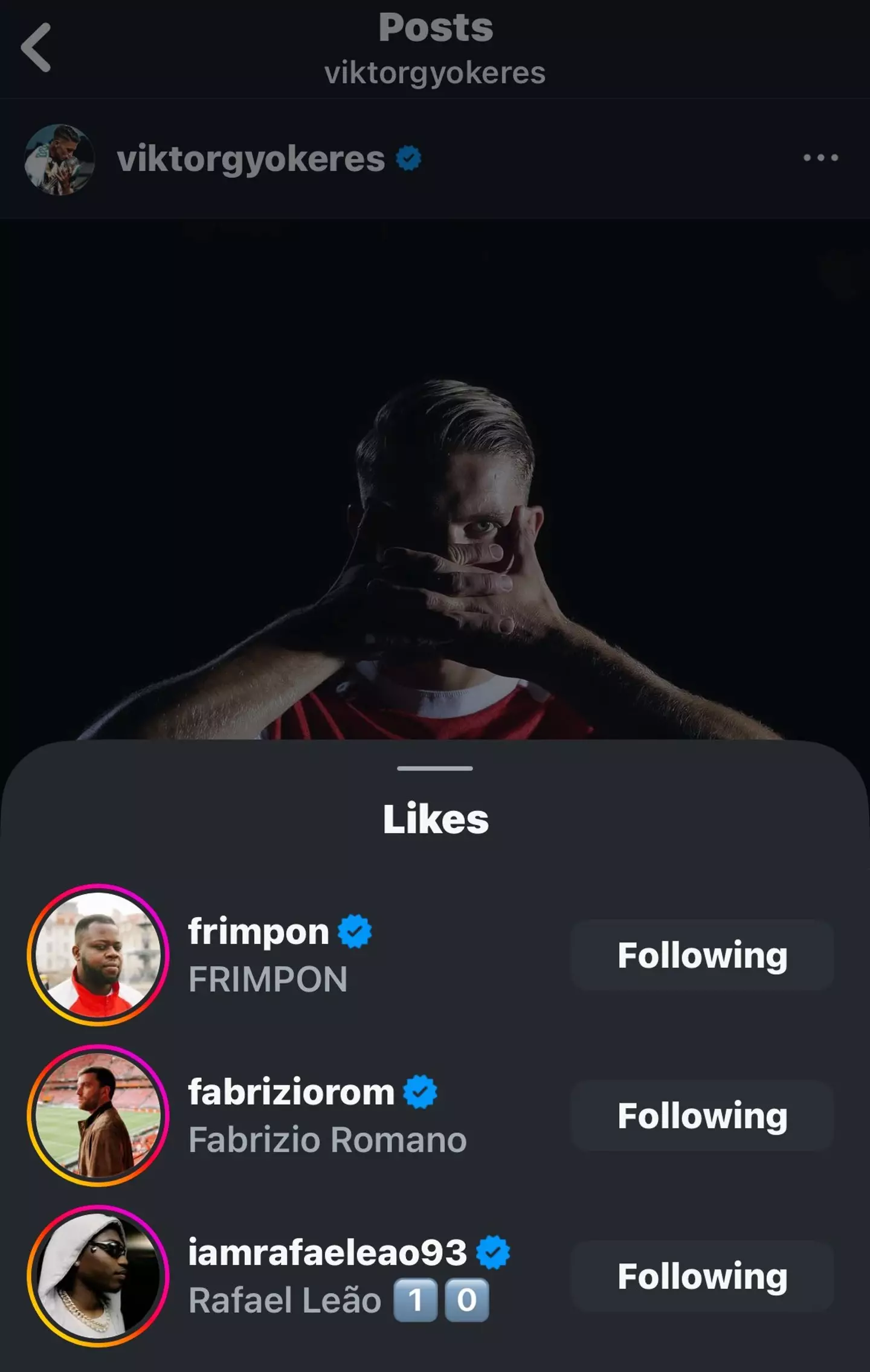 Rafael Leao liked Viktor Gyokeres' Instagram post. Image: X/@Arsenal_Folio