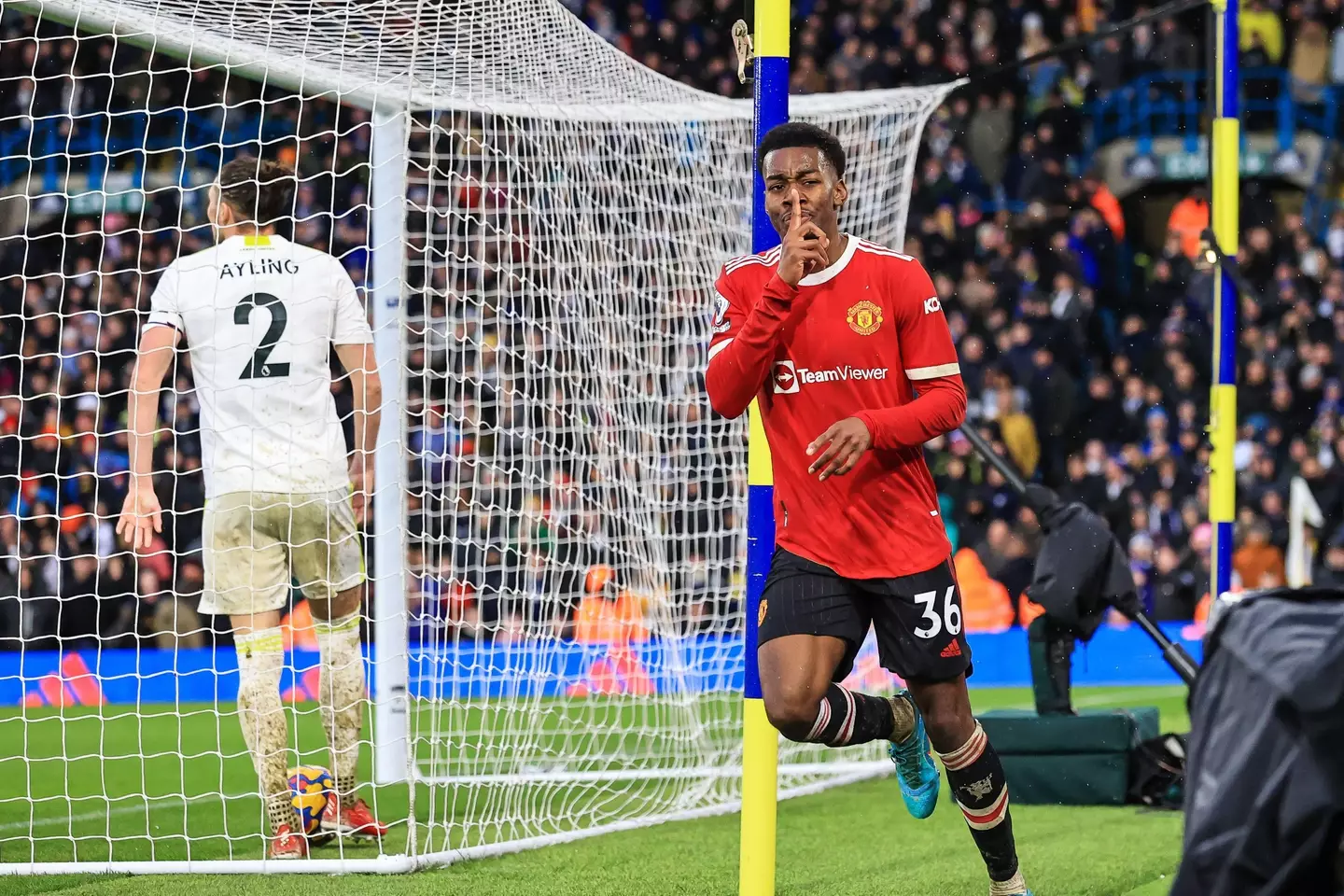 Anthony Elanga shushes Leeds United fans at Elland Road after scoring against them. (Alamy)