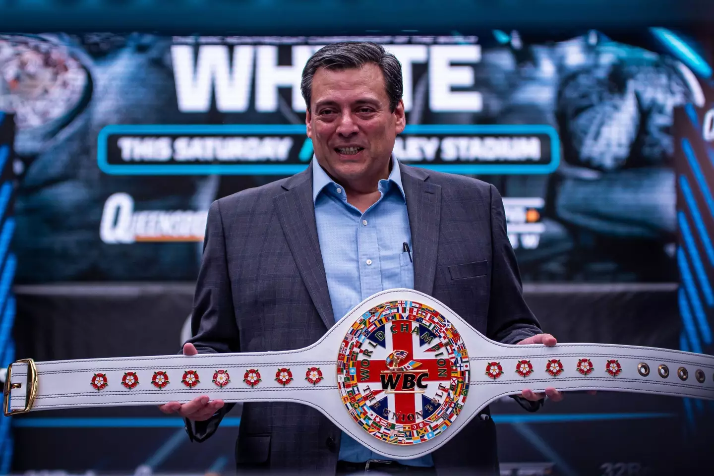 Suliaman unveiling a new belt ahead of Tyson Fury's world title defence against Dillian Whyte back in April. Image: Alamy