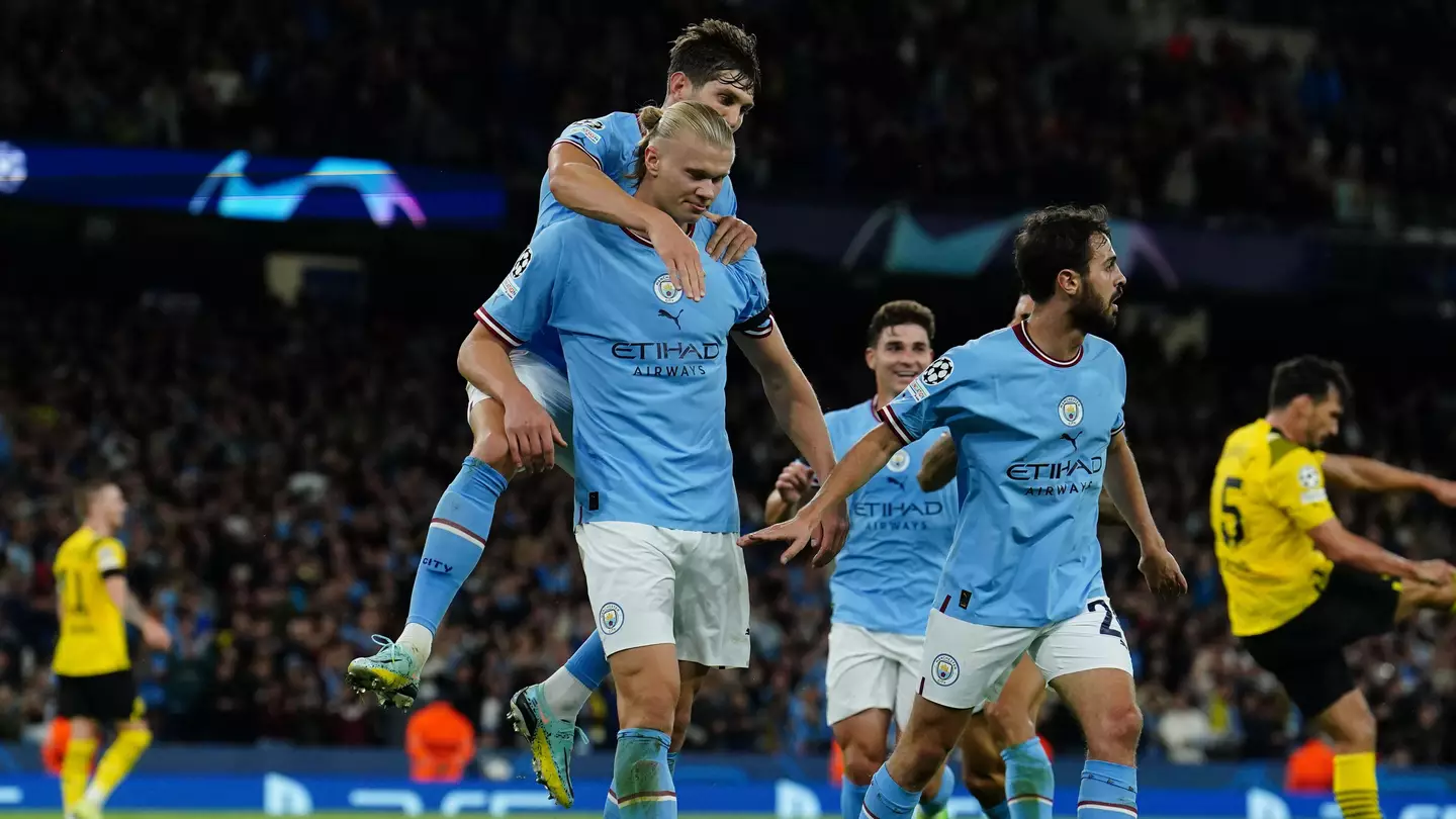 Erling Haaland celebrates for Manchester City in Champions League action.
