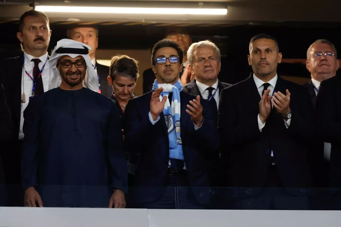 Man City owner Sheikh Mansour (centre) and chairman Khaldoon Al Mubarak (right) pictured at the 2023 Champions League final (Image: Getty)
