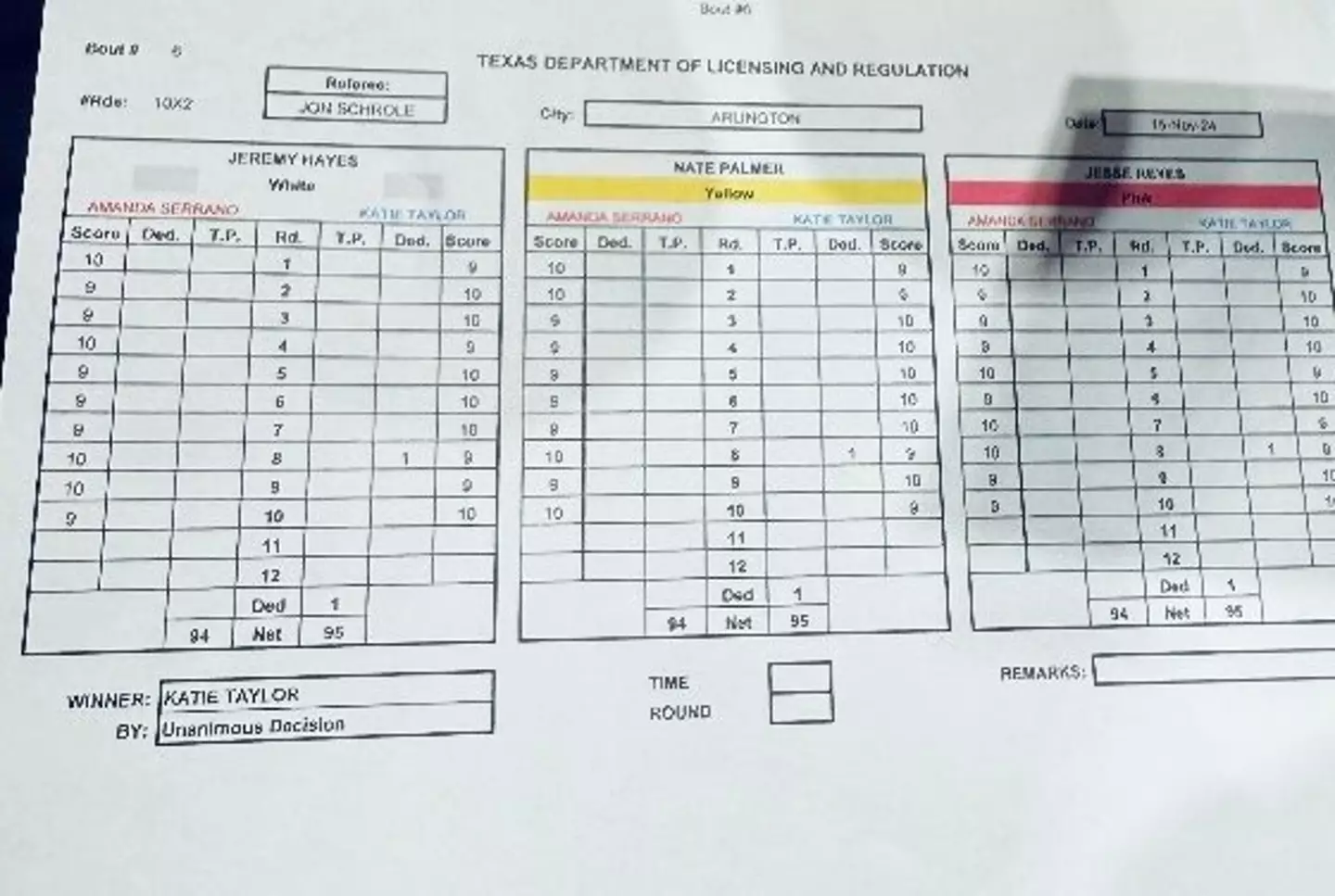 Scorecards from the Katie Taylor vs Amanda Serrano fight. Image