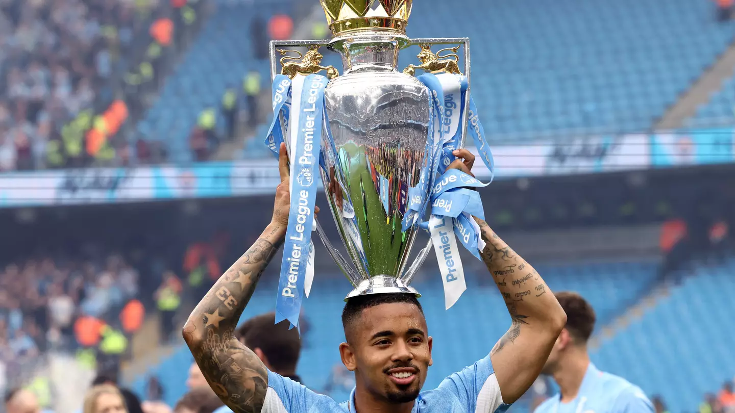 Gabriel Jesus celebrates winning the Premier League with Manchester City (Image: Alamy)