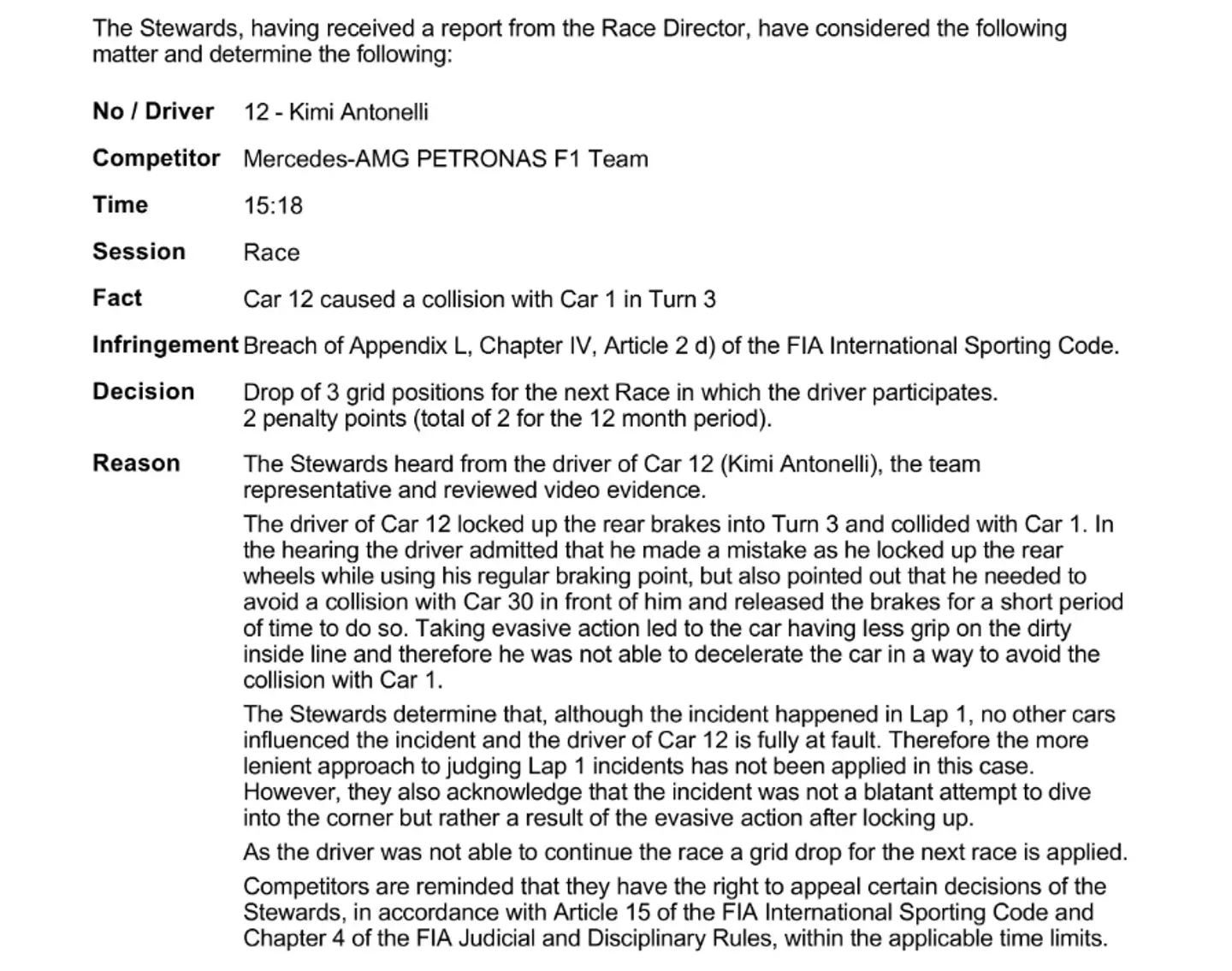 The FIA's statement on Kimi Antonelli after the Austrian GP (Image: FIA)