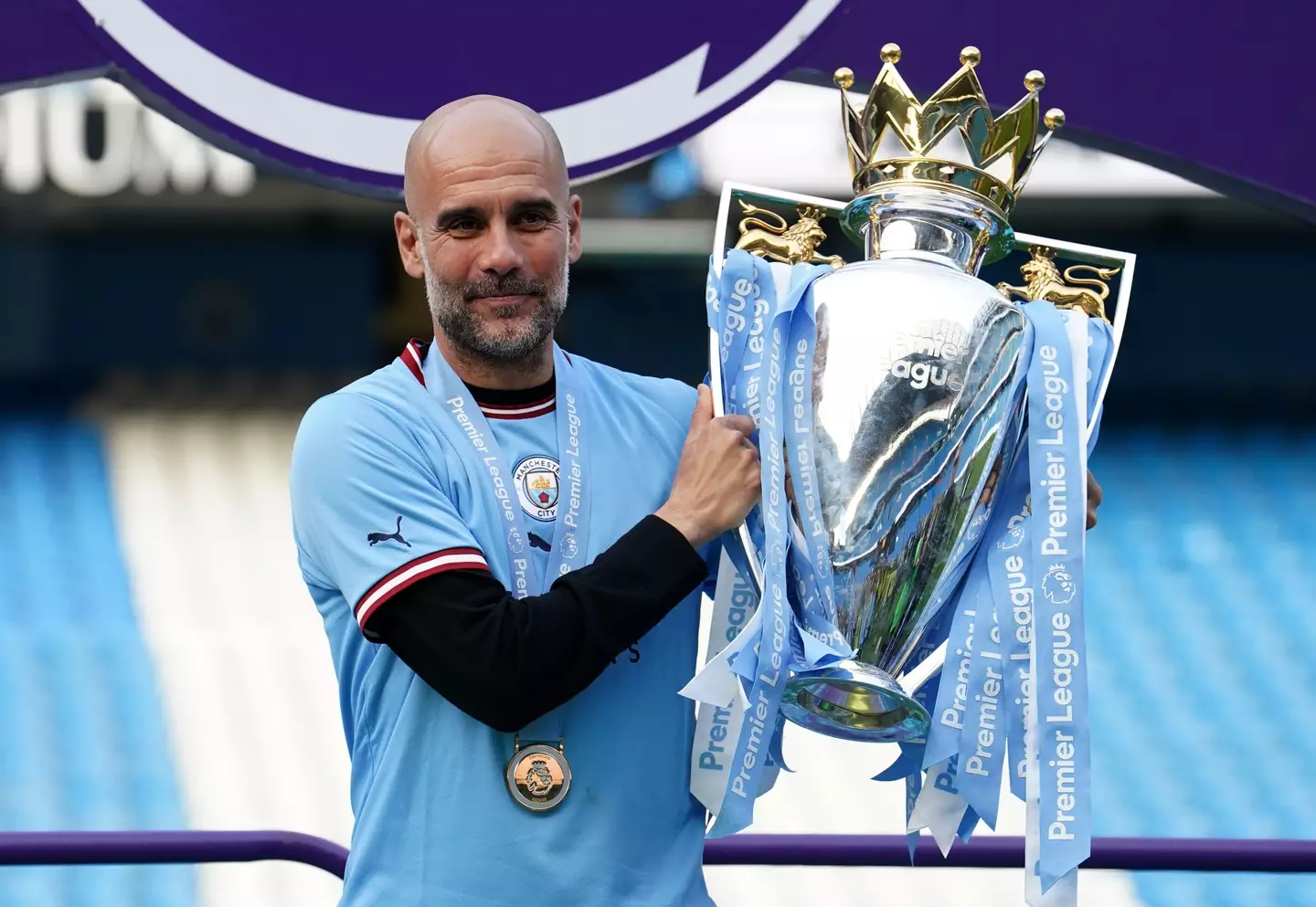 Pep Guardiola poses with the Premier League trophy. Image: Alamy