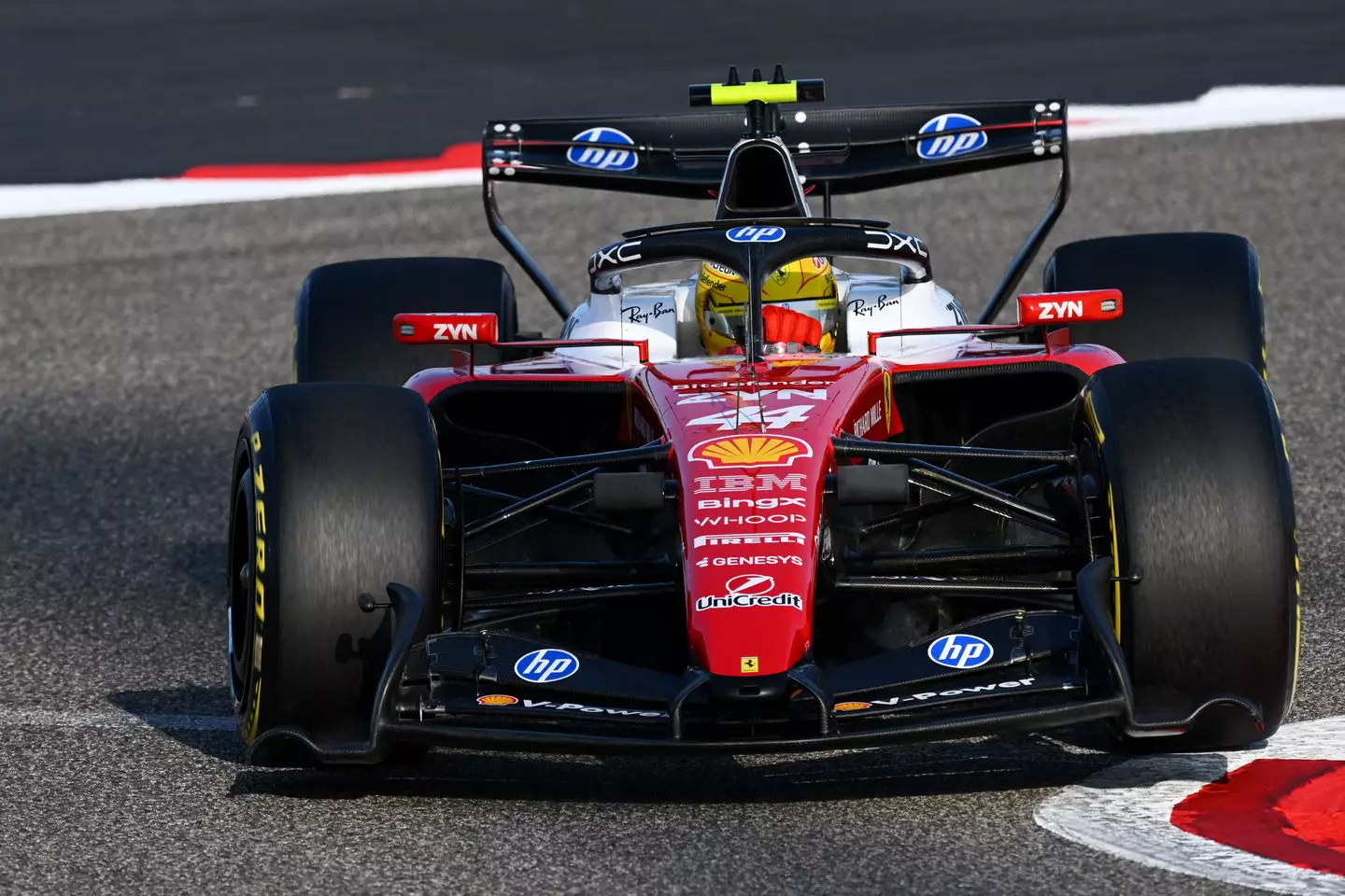 Lewis Hamilton on track in Bahrain. Image: Getty