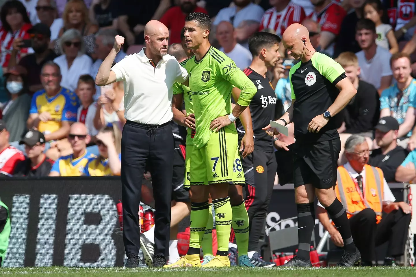 Erik ten Hag and Cristiano Ronaldo during a Premier League game. Image: Getty