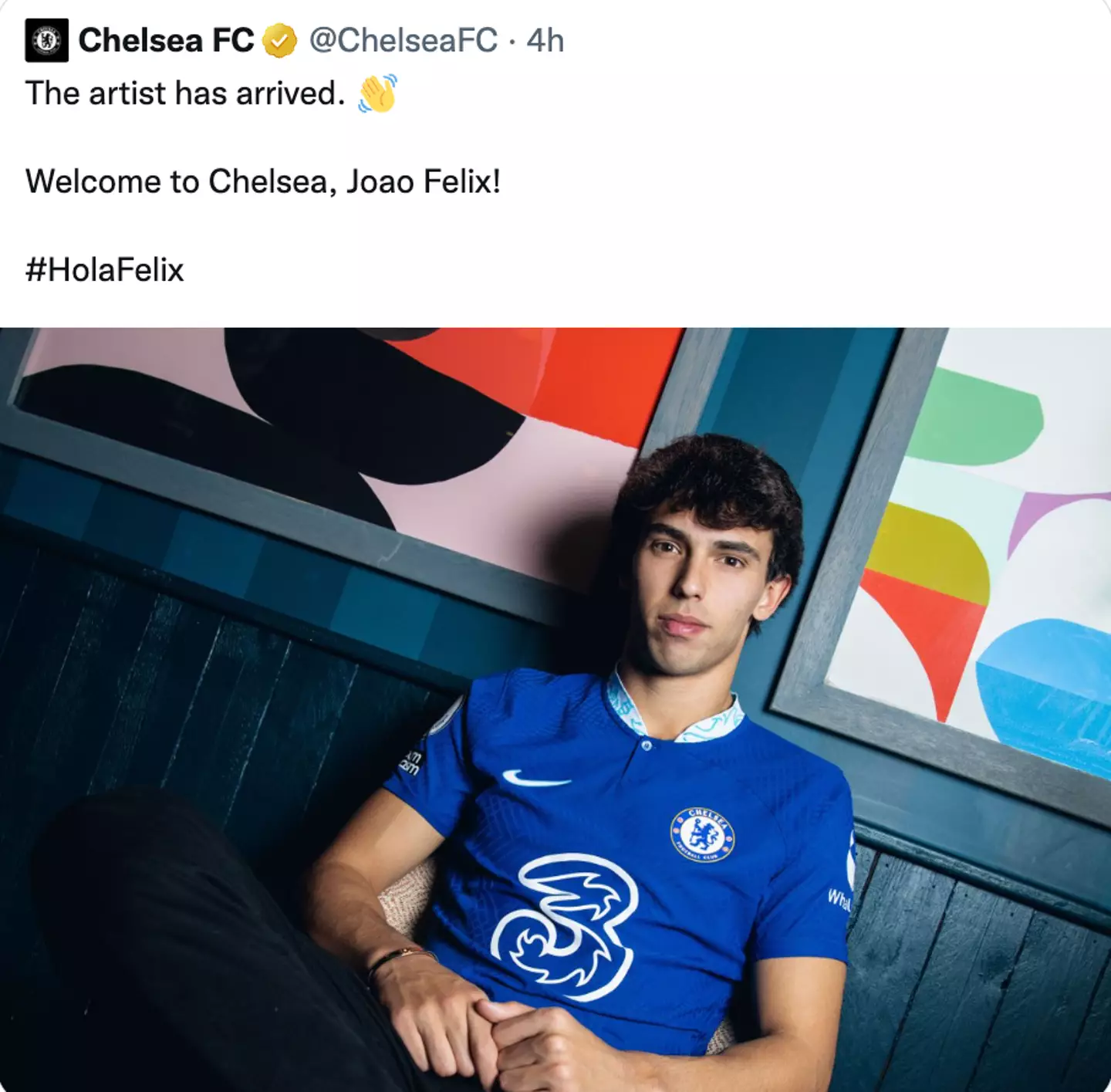 Chelsea soon deleted their tweet welcoming Felix. Image: Twitter