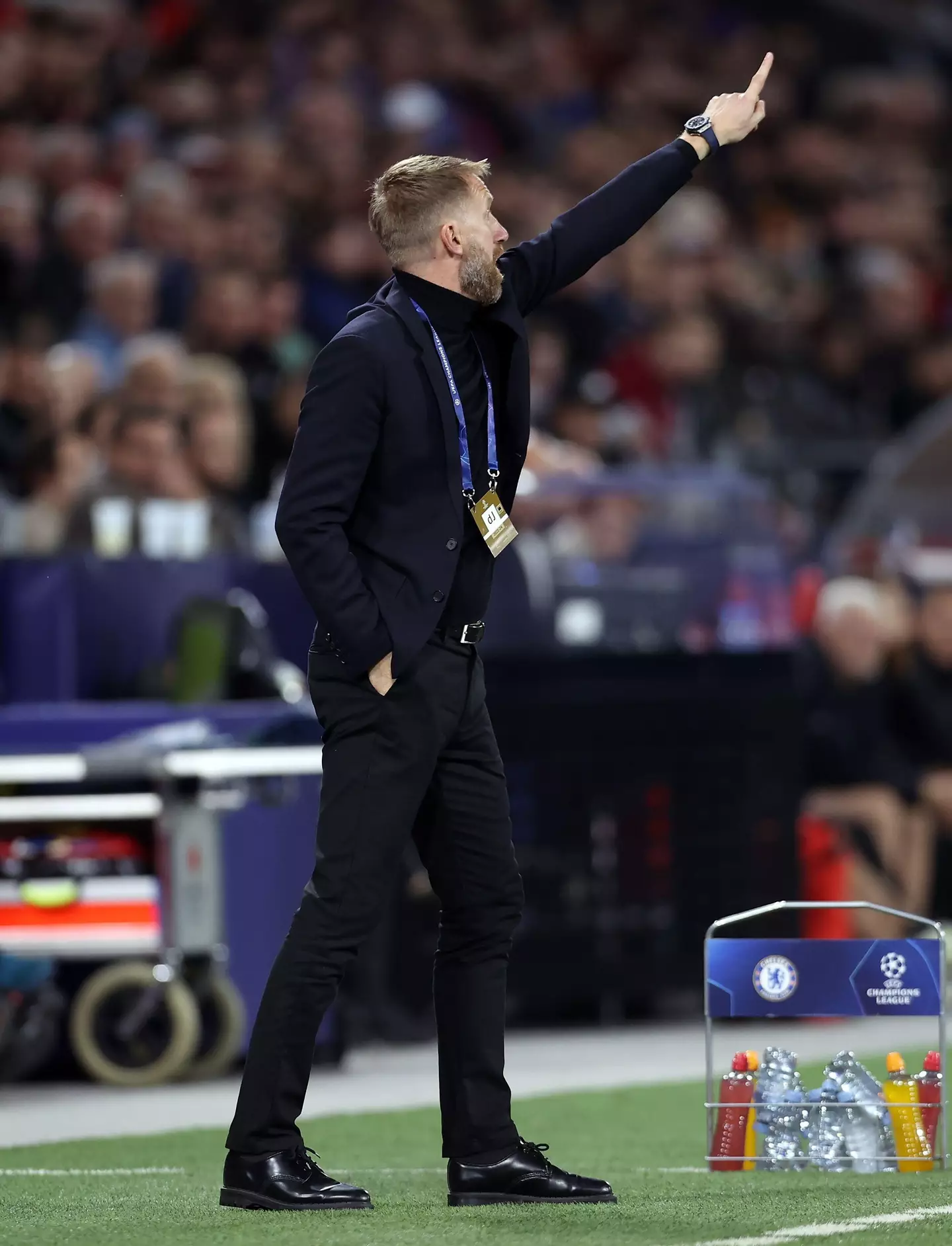 Chelsea manager Graham Potter during the UEFA Champions League group E match at the Red Bull Arena in Salzburg. (Alamy)