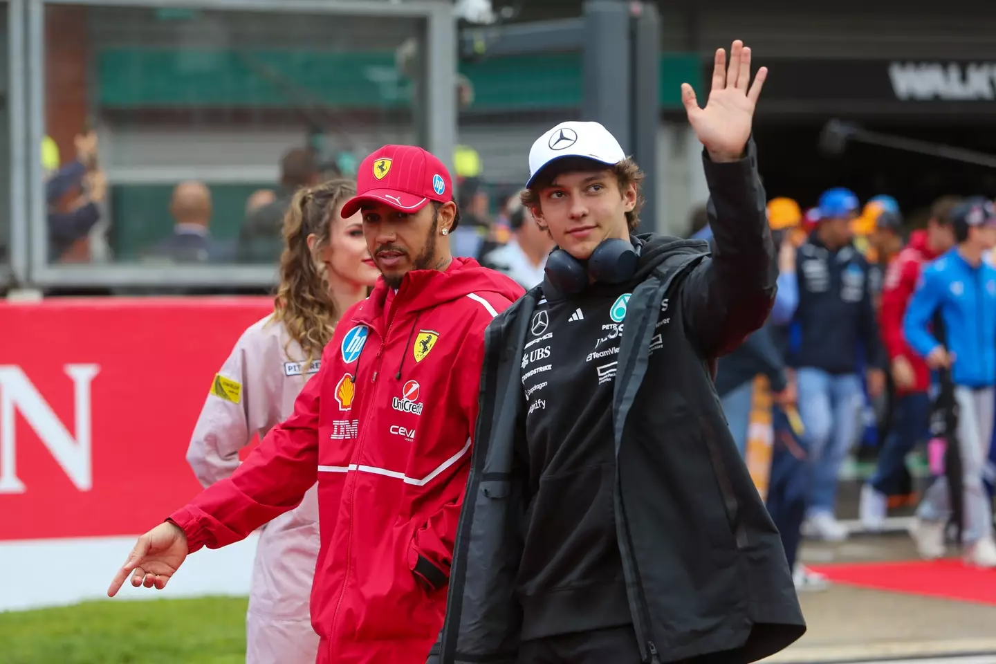 Kimi Antonelli and Lewis Hamilton. (Image: NurPhoto / Contributor via Getty)