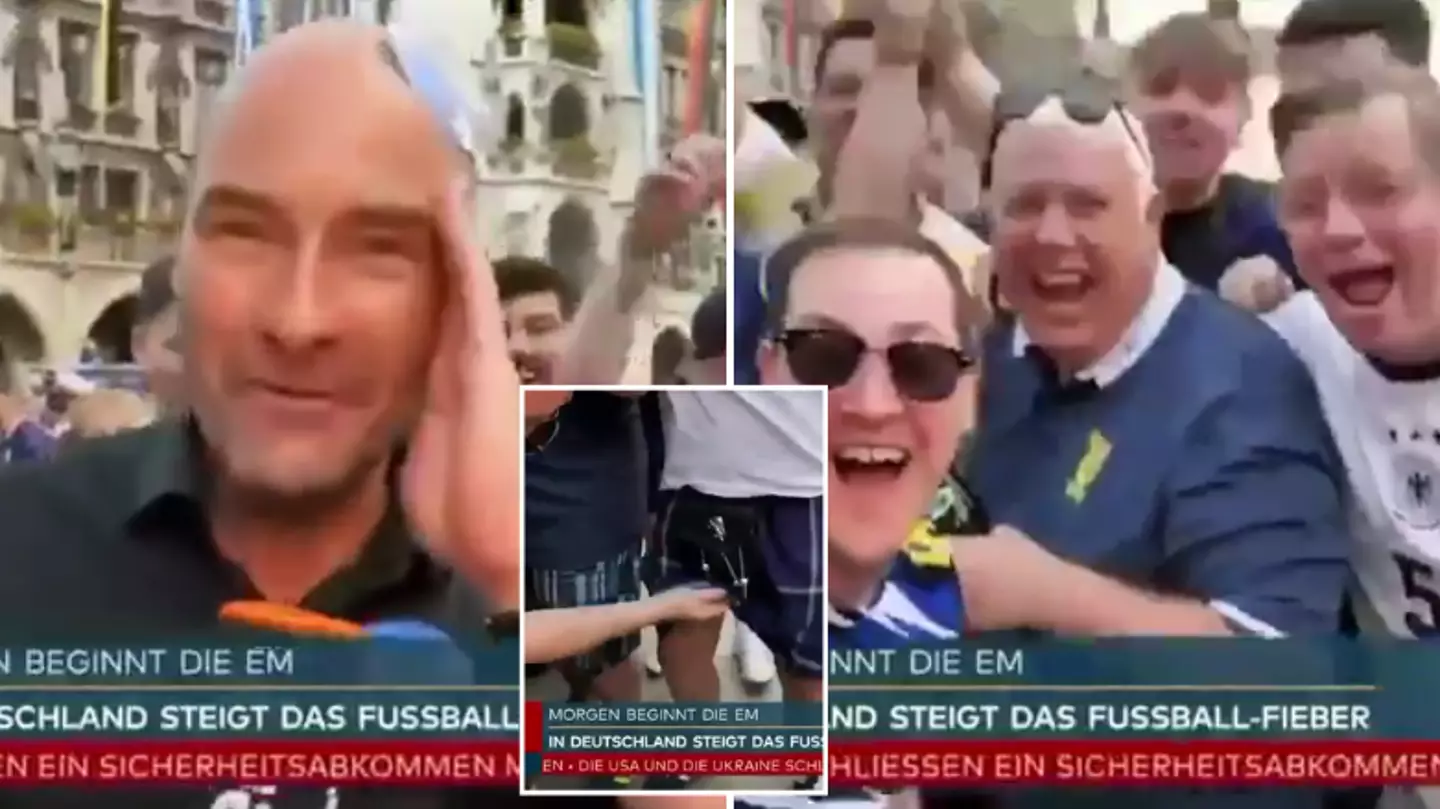 German presenter forced to cover his eyes as Scotland fans lift kilt during live TV segment at Euro 2024