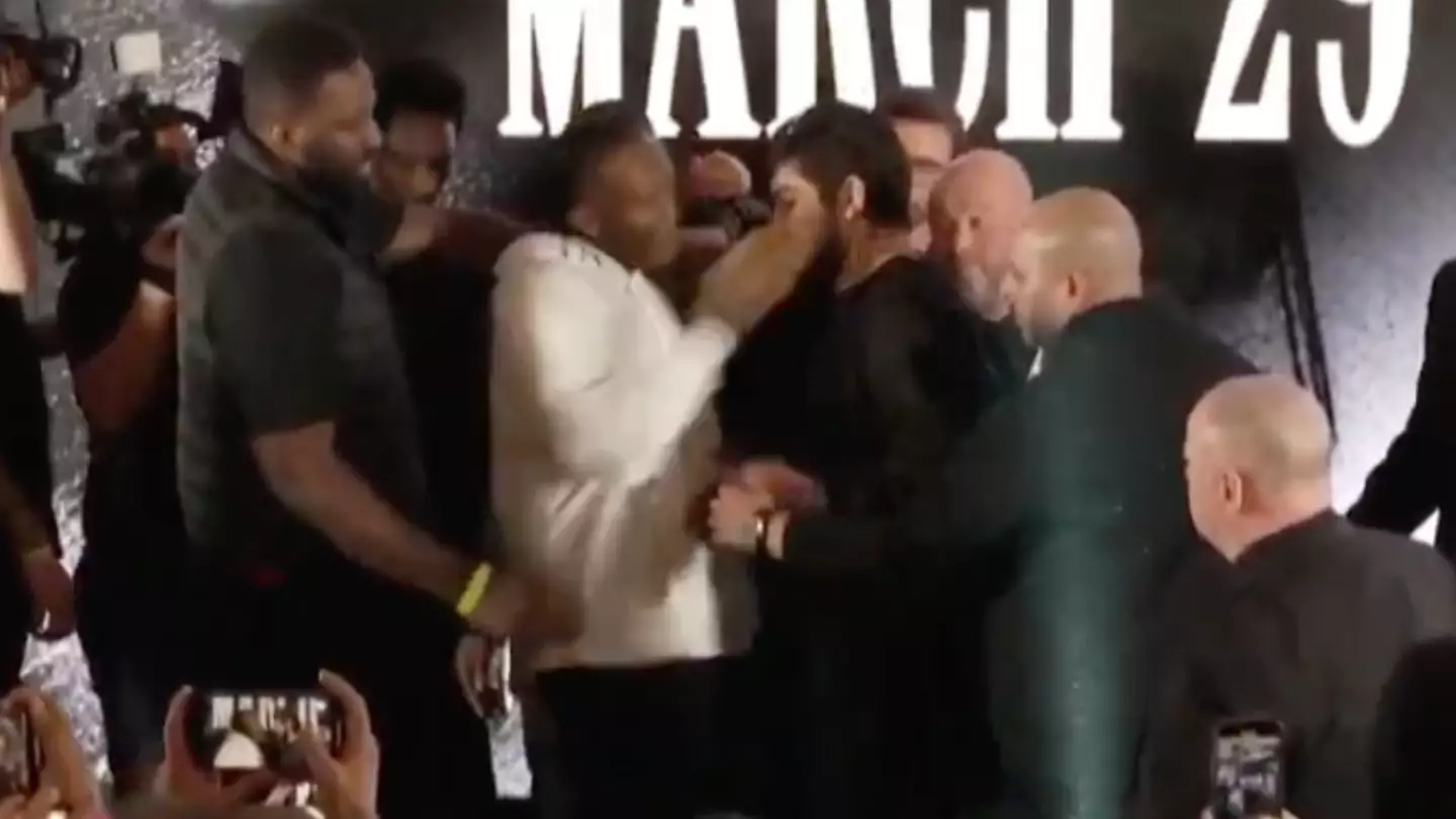 All hell breaks loose at KSI vs Dillon Danis press conference after face-off slap