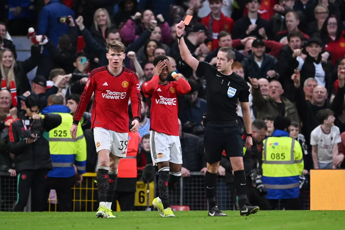 Amad Diallo shown a red card after scoring against Liverpool. Image: Getty 