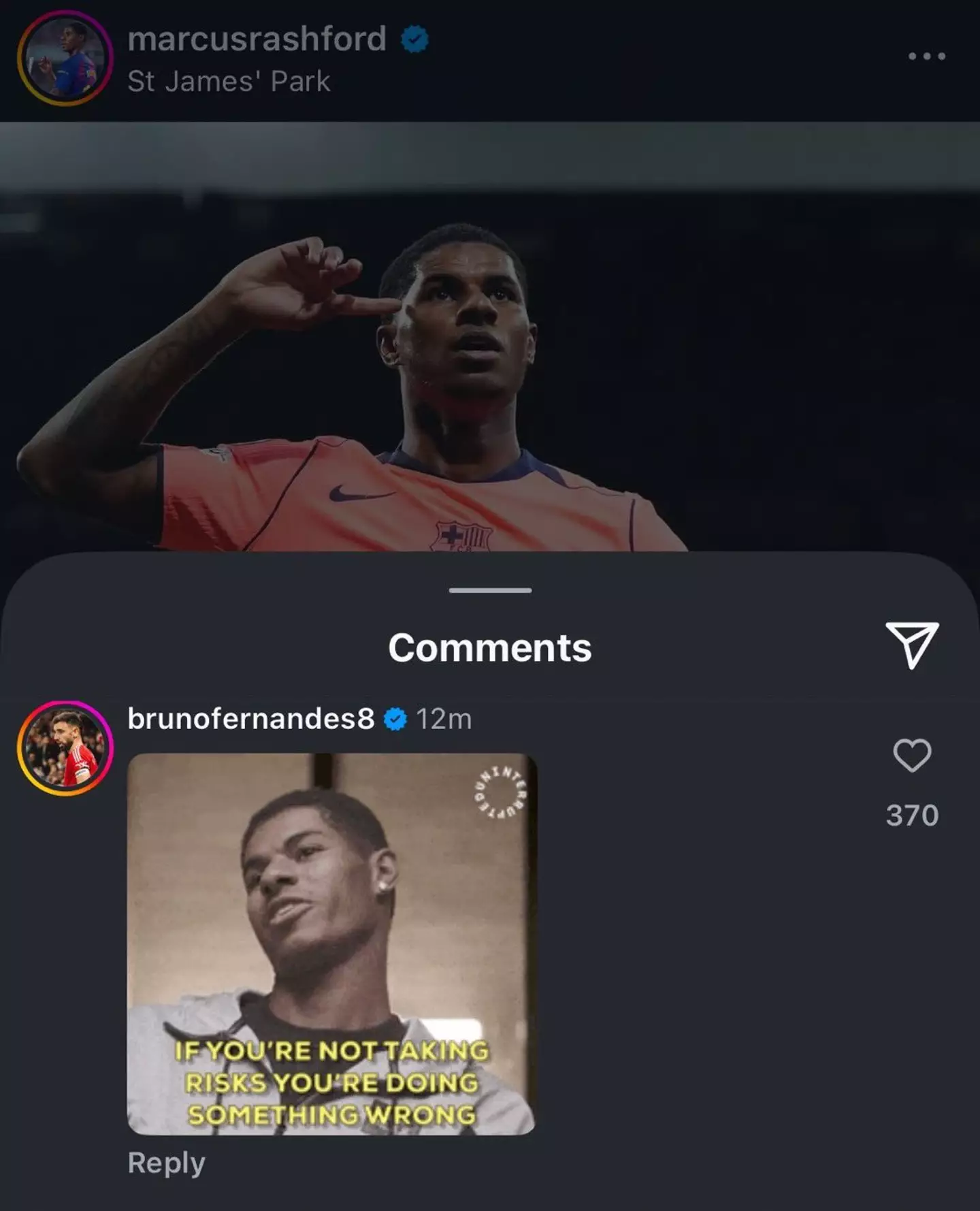 Bruno Fernandes left a comment on Marcus Rashford's Instagram post following his performance for Barcelona against Newcastle United in the Champions League. Image: Instagram