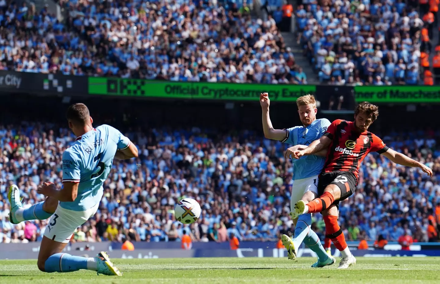 Ruben Dias and Kevin De Bruyne work to cut out a Bournemouth attack. (PA Images / Alamy)