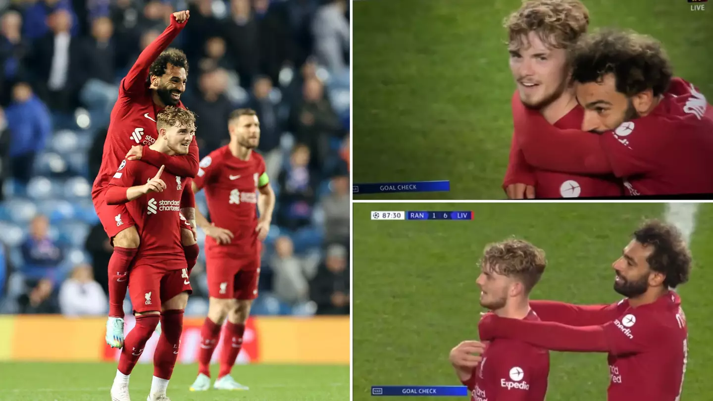 Heartwarming moment between Harvey Elliott and Mo Salah goes viral as Liverpool thrash Rangers