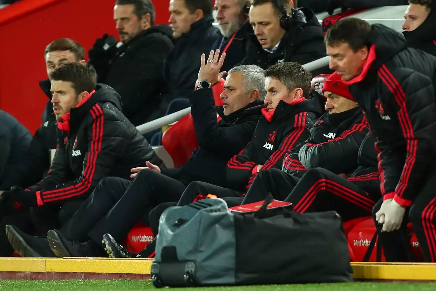 Jose Mourinho in the dugout at Liverpool. Image: Getty