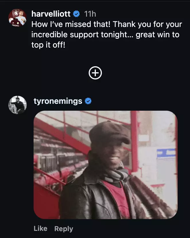 Tyrone Mings joking with Harvey Elliott on Instagram (credit: Instagram)