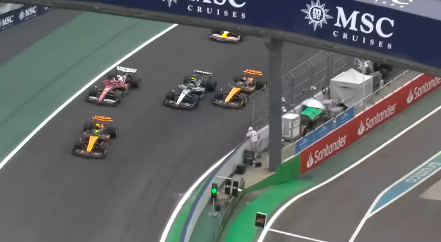 Piastri was marginally behind Antonelli as the drivers made their way into turn 1 (Image: F1TV)