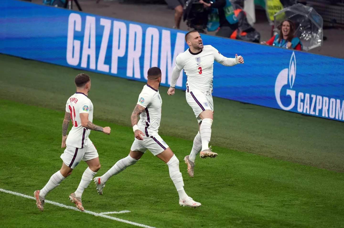 Luke Shaw celebrating his goal for England in the Euro 2020 final against Italy |