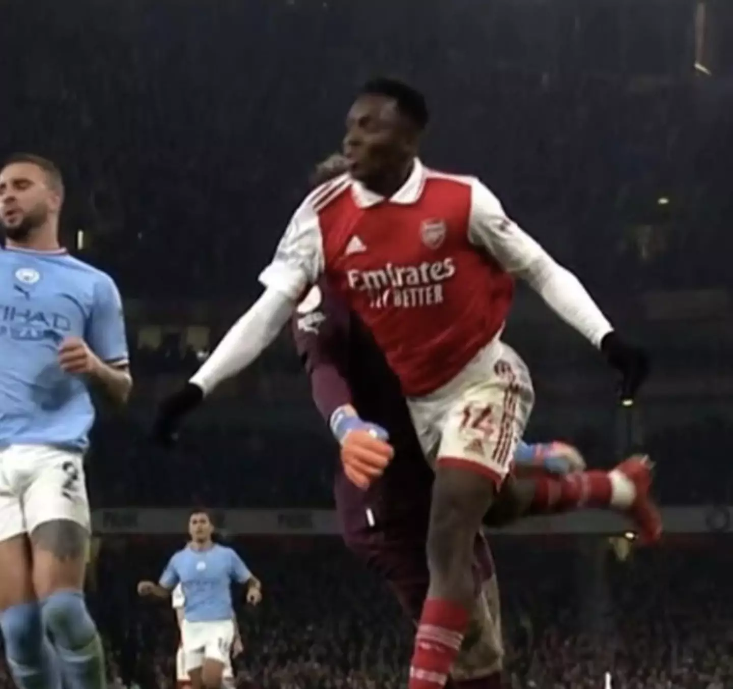 Ederson fouls Eddie Nketiah. Image: Premier League 