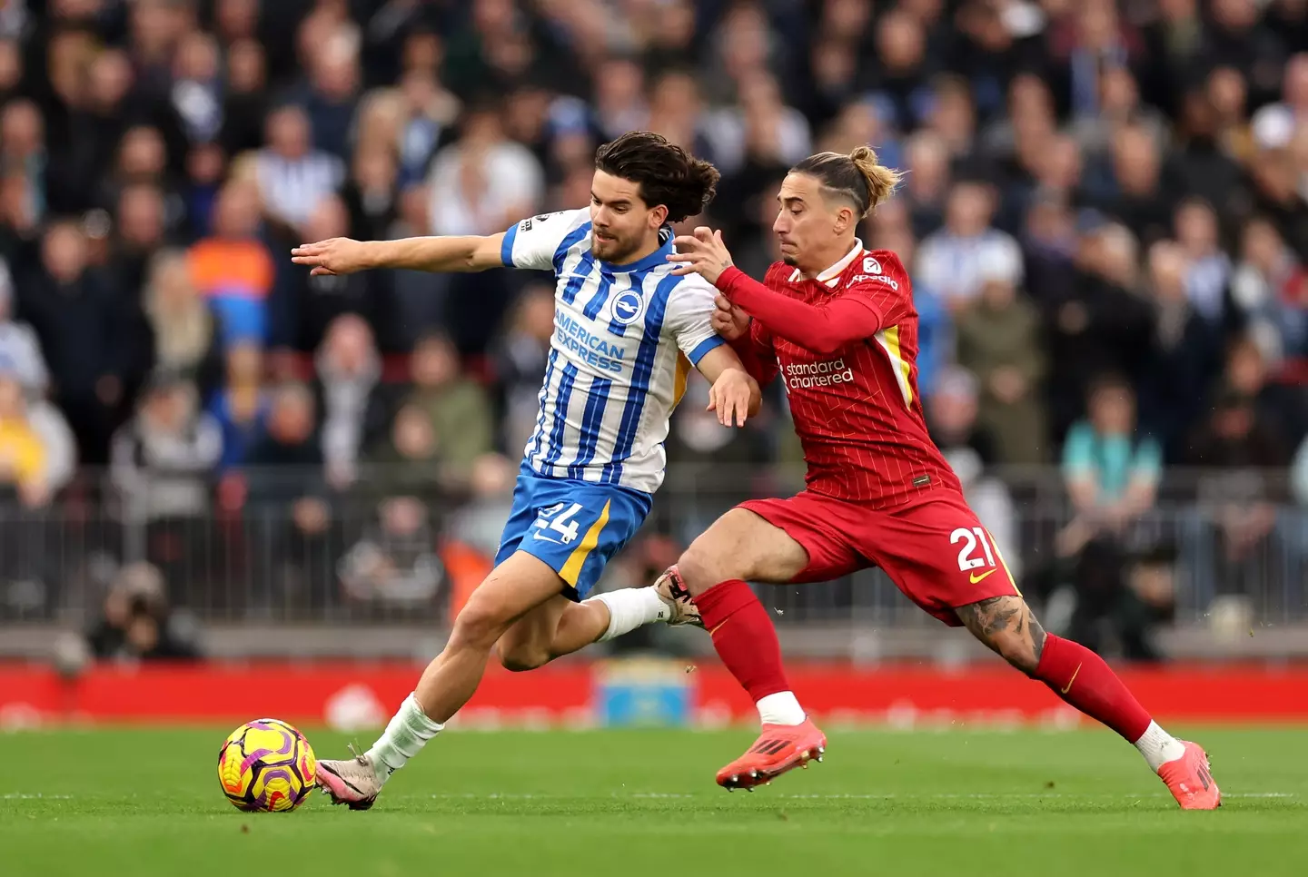 Kostas Tsimikas in action against Brighton. Image: Getty
