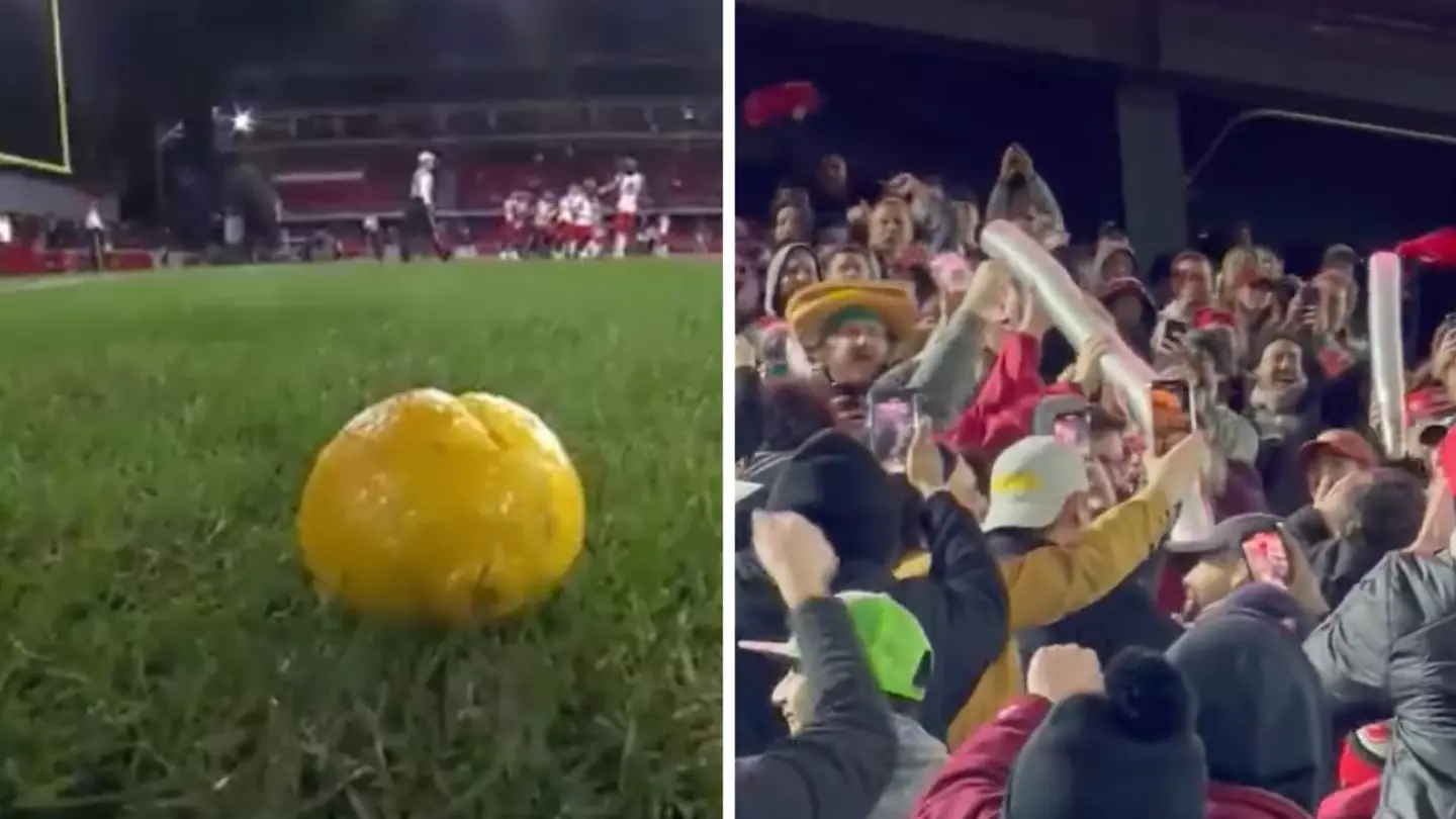 American football fans launch lemons onto the field after their beer snake is taken away