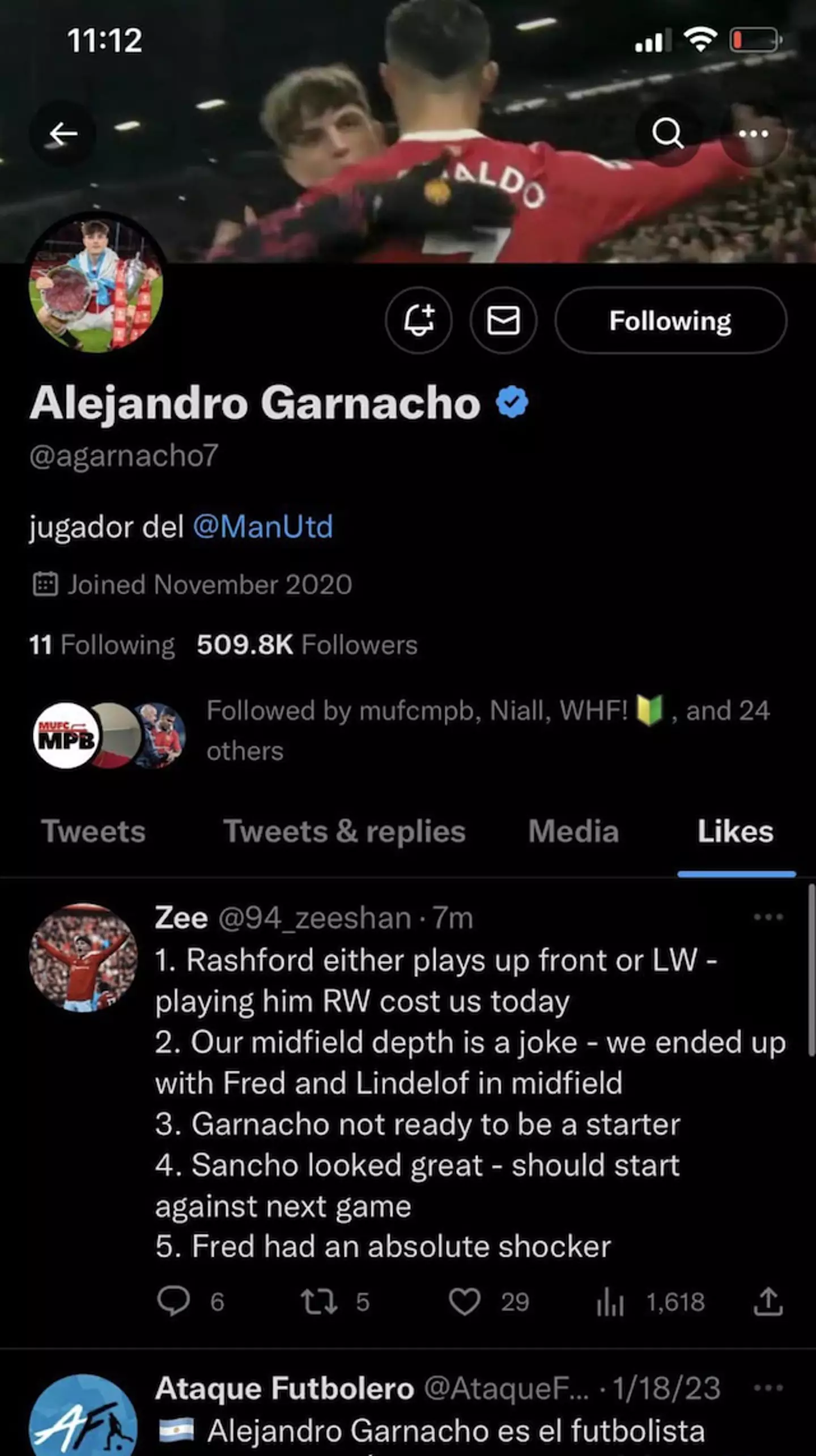 Garnacho's liked tweet. Image: Twitter