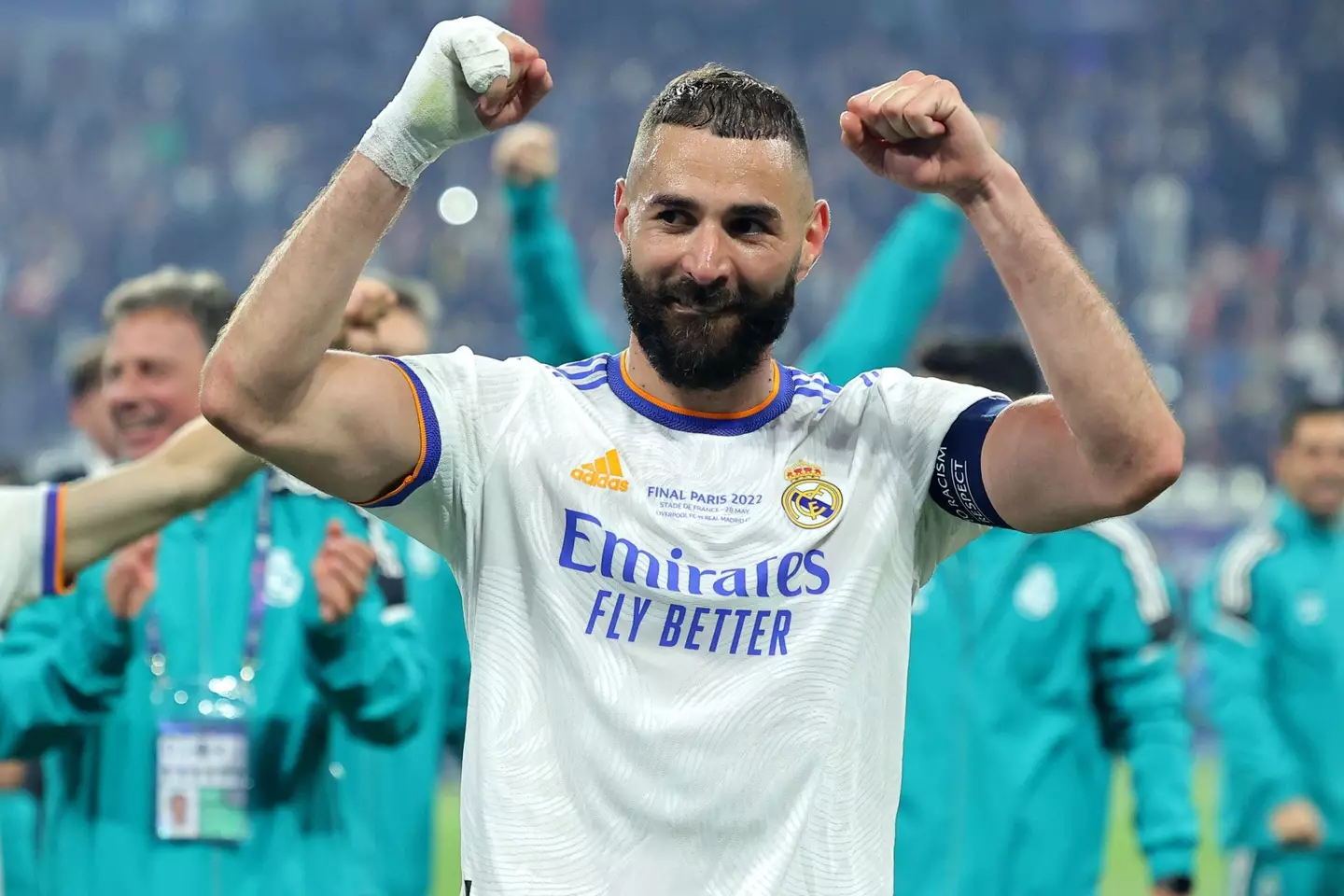 Benzema celebrates after the Champions League final. Image: Alamy