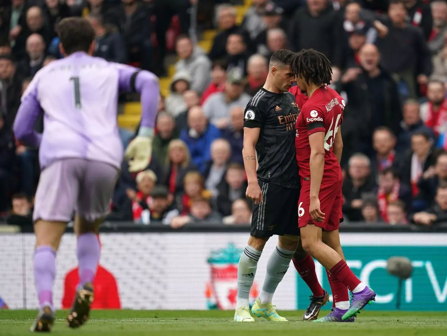 Xhaka was booked for the clash with Alexander-Arnold, Image: Alamy