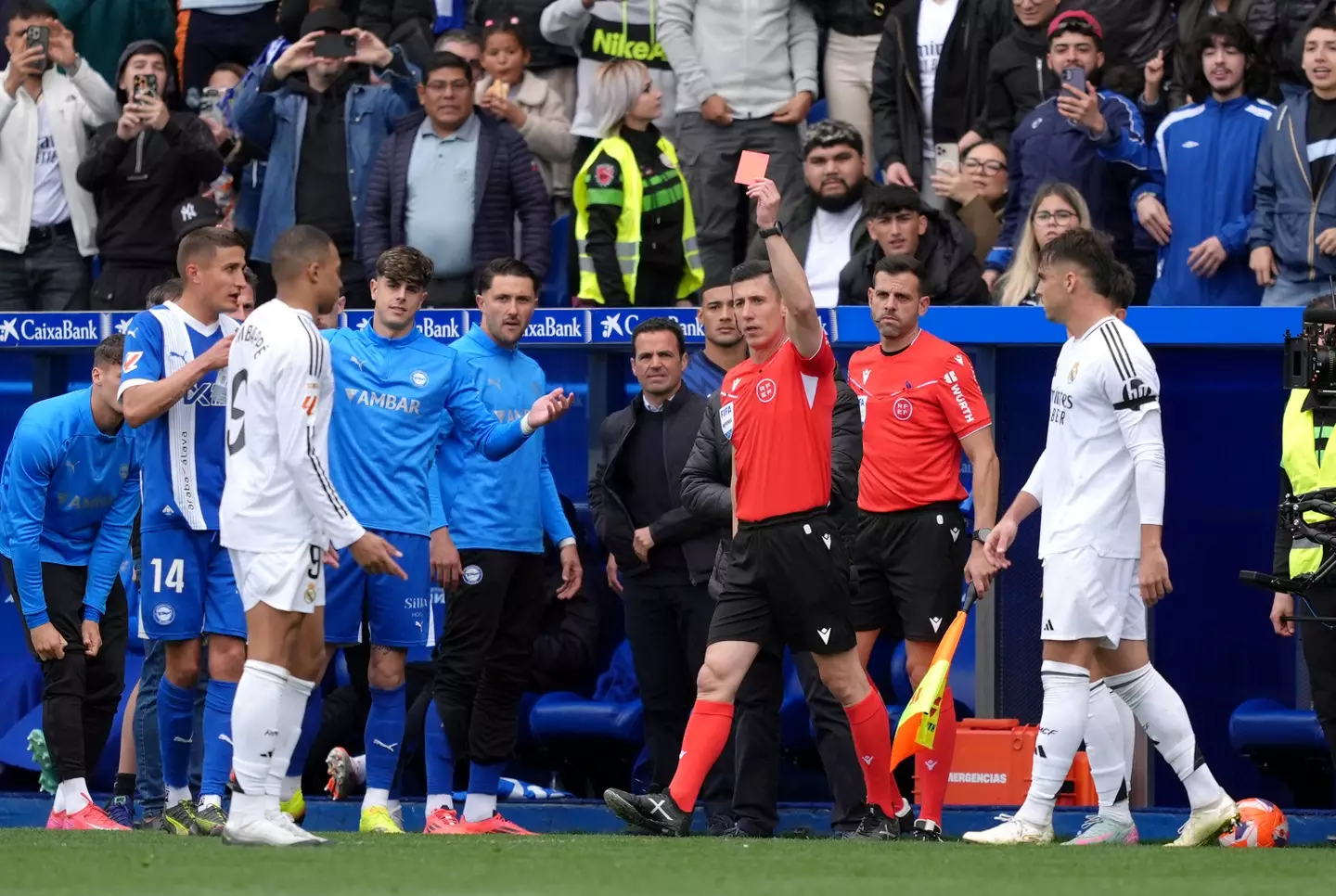 Kylian Mbappe was sent off for a poor tackle on Antonio Blanco. Image: Getty
