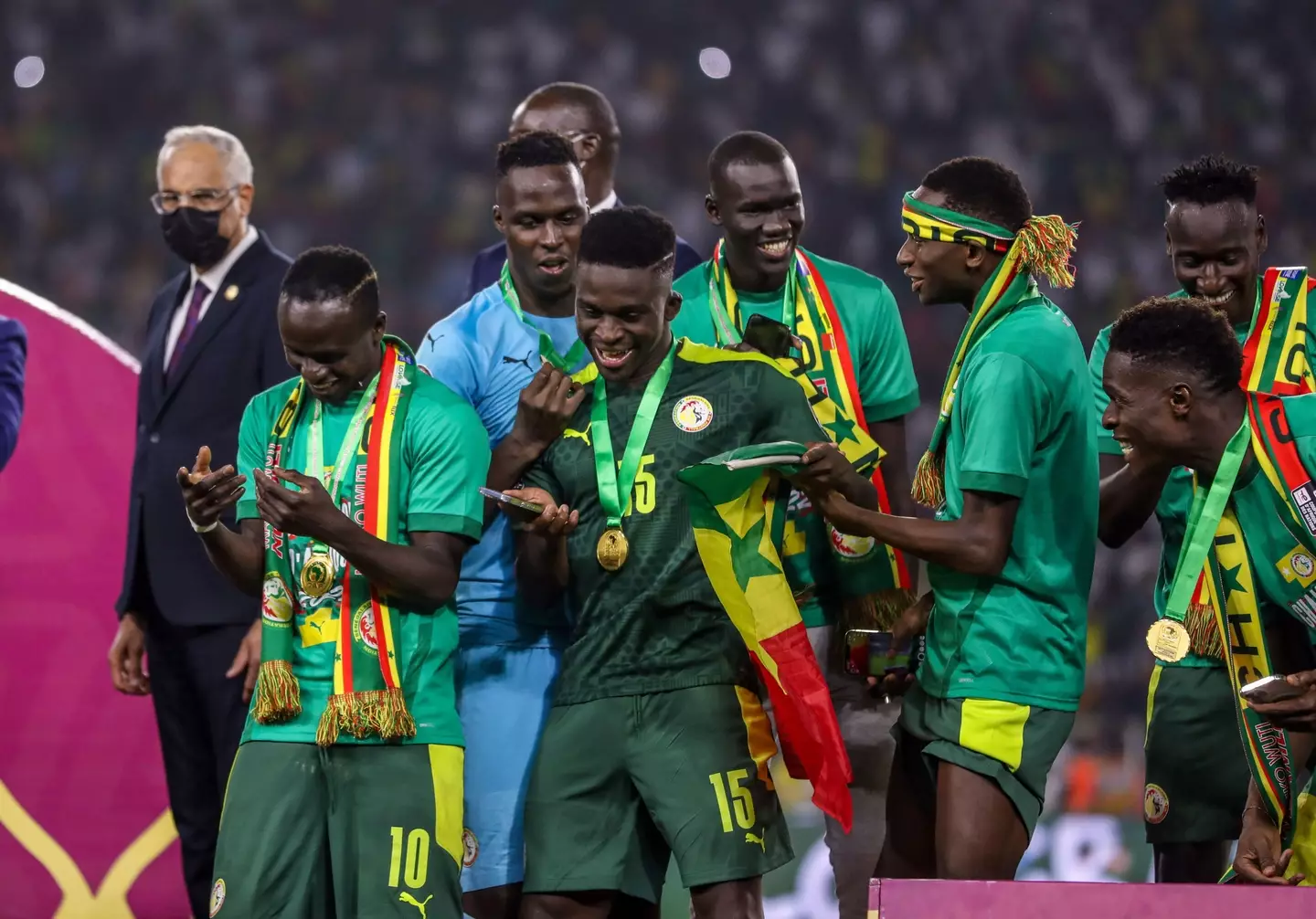 Edouard Mendy and Kalidou Koulibaly celebrating the Africa Cup of Nations triumph with Senegal. (Alamy)