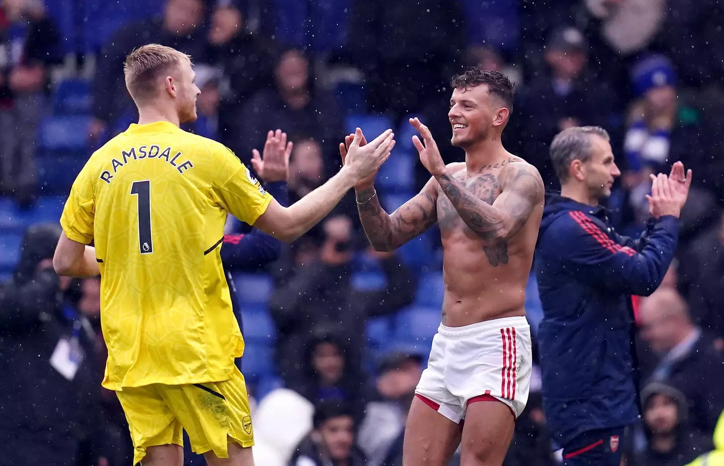 Aaron Ramsdale and Ben White celebrate after Arsenal's win over Chelsea. Image: Alamy