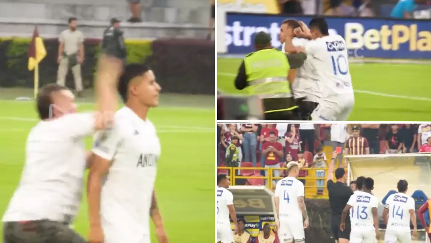 Colombian player receives red card after chasing and pushing down pitch invader who had attacked him