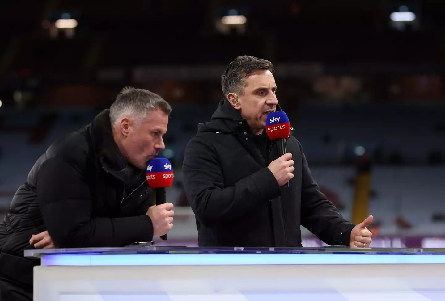 Gary Neville and Jamie Carragher during a Sky Sports broadcast. Image: Getty