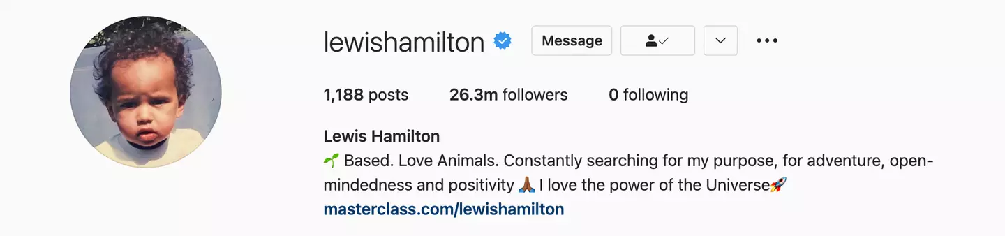Hamilton's account no longer following anyone. Image: Instagram